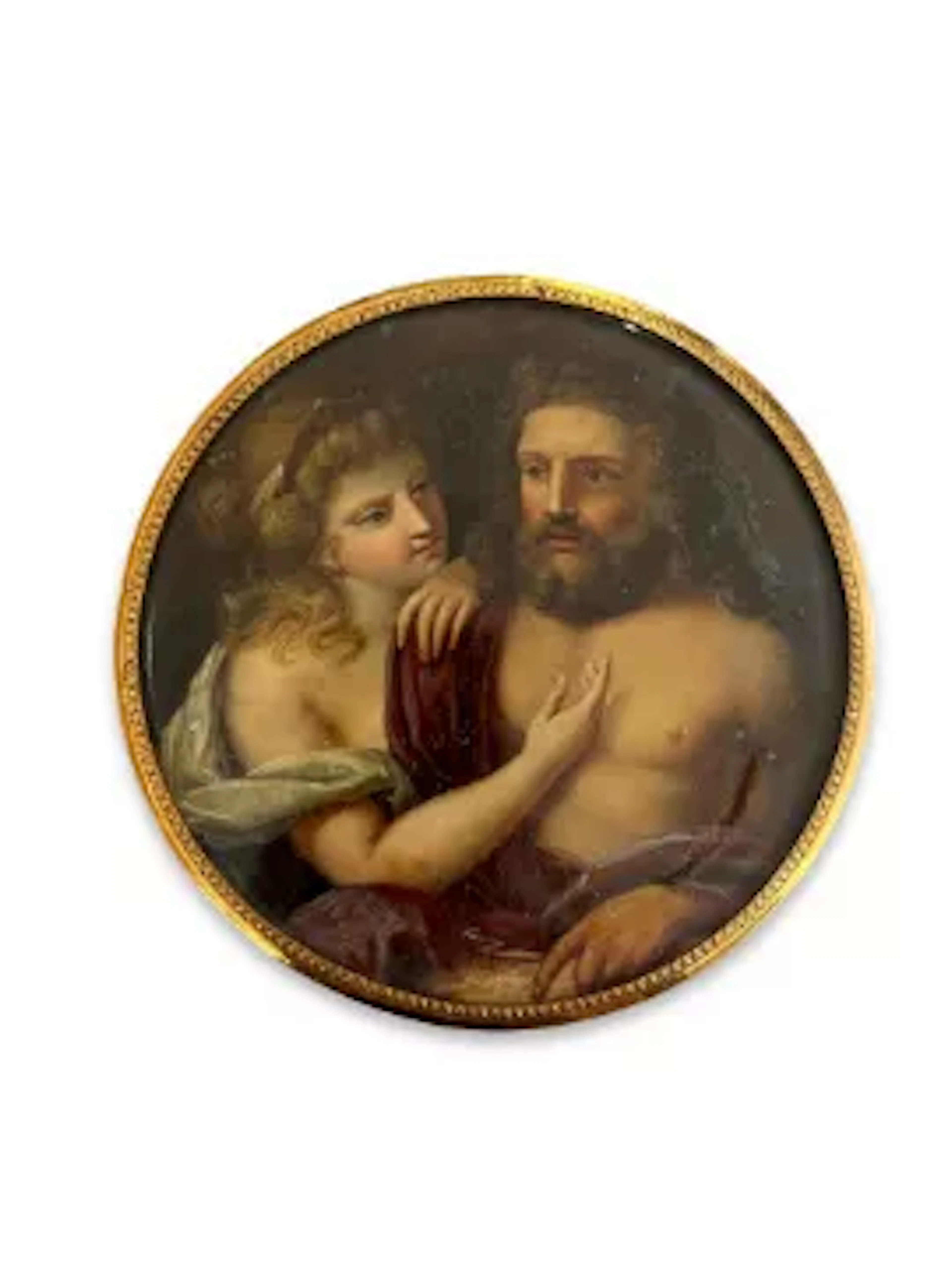 A 19TH CENTURY TORTOISESHELL AND GOLD MOUNTED PAINTED MINIATURE SNUFF BOX