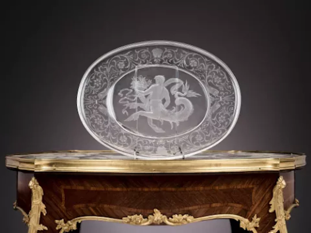 LOBMEYR: A FINE INTAGLIO ENGRAVED GLASS DISH DEPICTING TRITON, C. 1890
