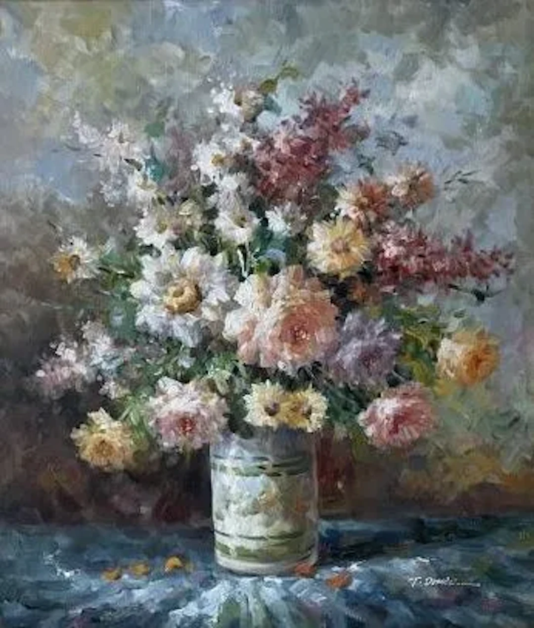 T. DENUOZ. Bouquet of flowers in a vase. Oil on canvas. Signed lower