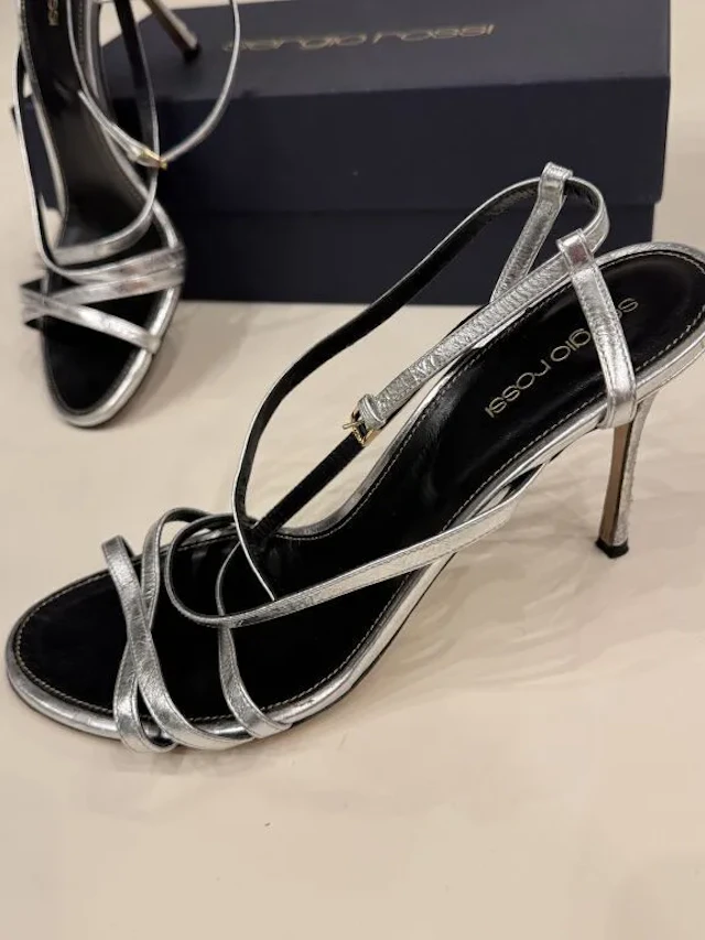 SERGIO ROSSI Pair of silver leather stiletto sandals. Size 40 Heel