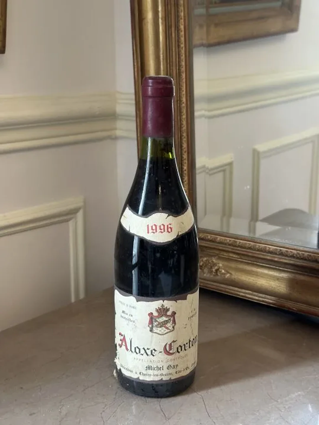 ALOXE - CORTON 1996 - Domaine Michel Gay. Labels are stained and partially