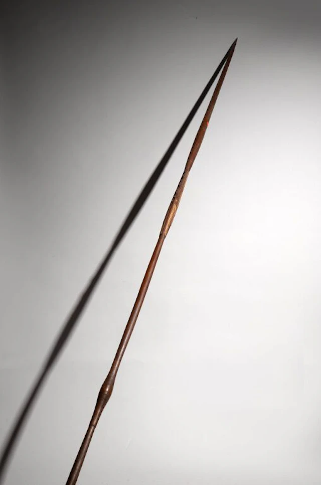 A rare spear adorned with a delicate carving of two intertwined animals.
