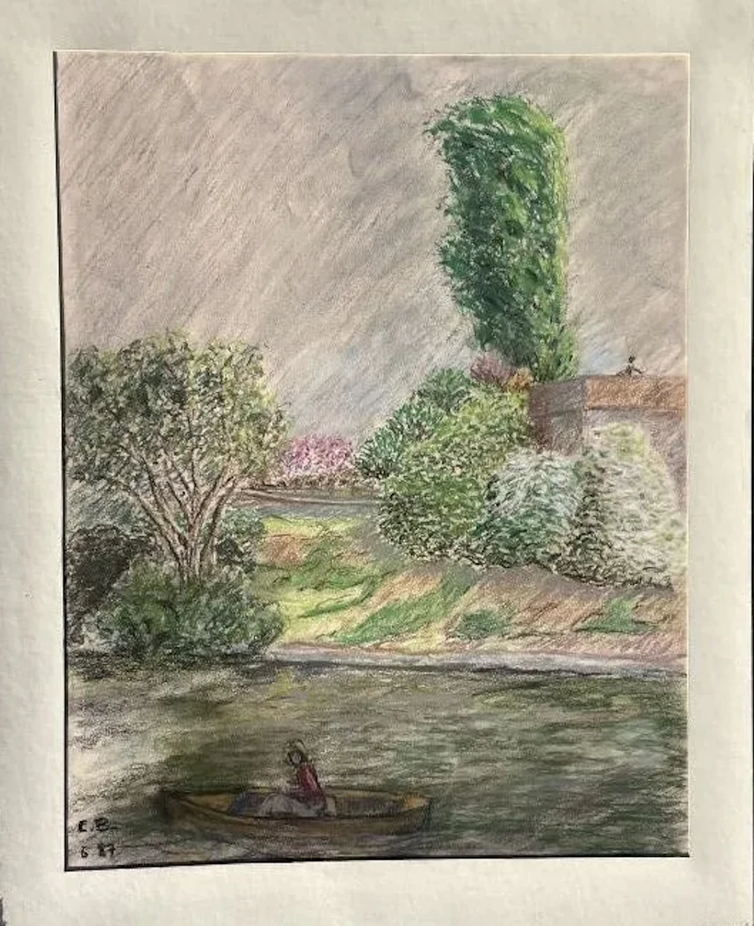 20th-Century School. Claude BAUMEISTER. Boat on a River Pastel Monogrammed