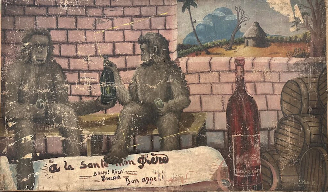 NAIVE ART - 20th century. Cheers, brother. Gouache on canvas depicting