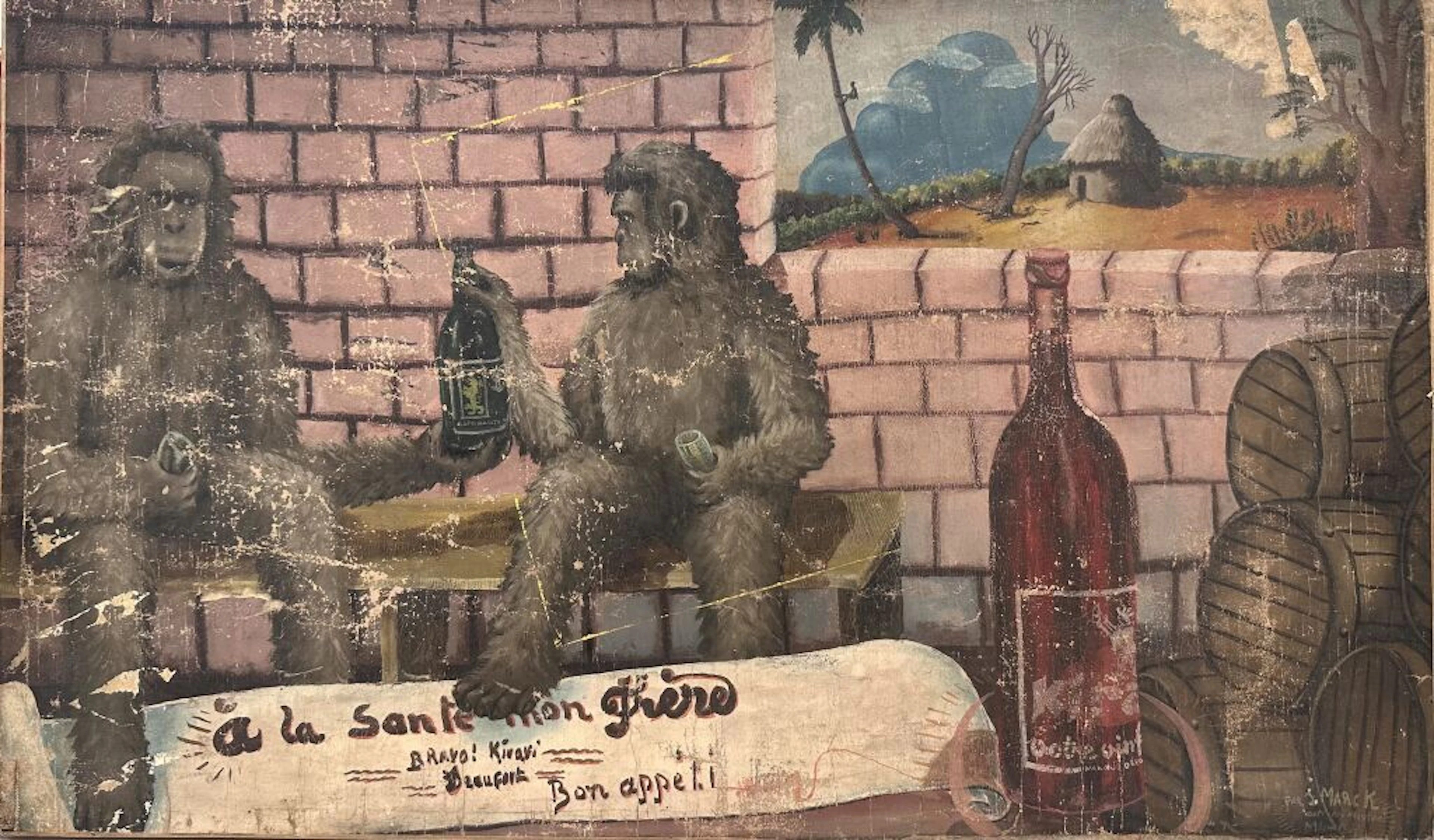 NAIVE ART - 20th century. Cheers, brother. Gouache on canvas depicting