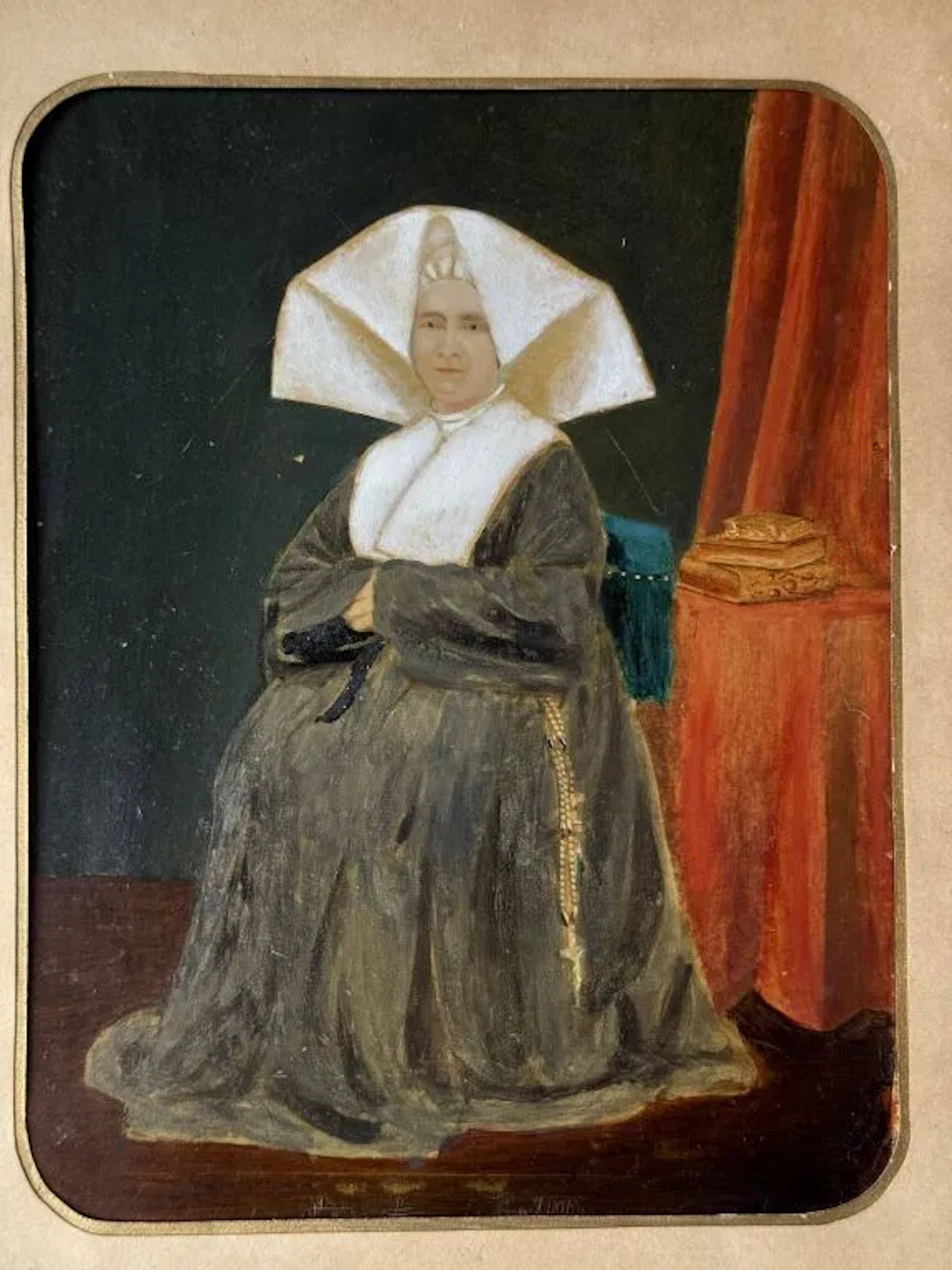Portrait of Mademoiselle Loyer wearing a cornette. Fully hand-colored
