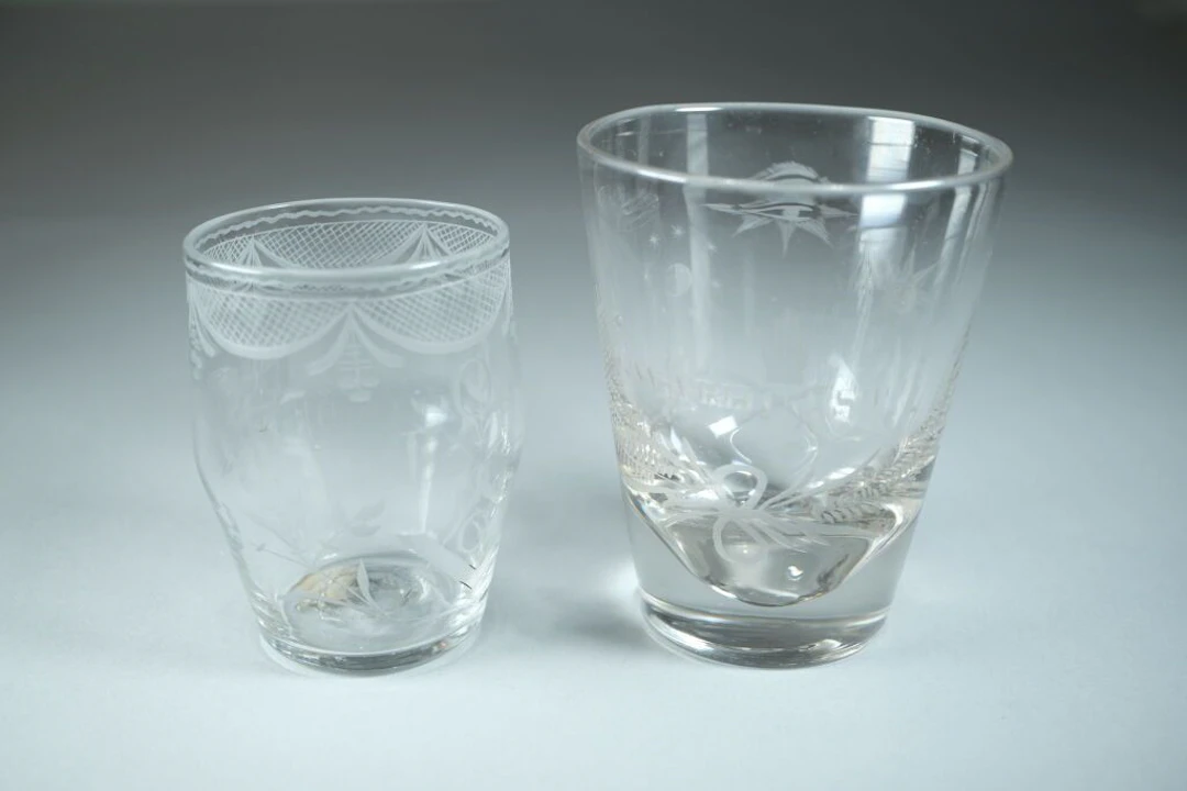 Set of two crystal water glasses engraved with Masonic symbols. 19th-century