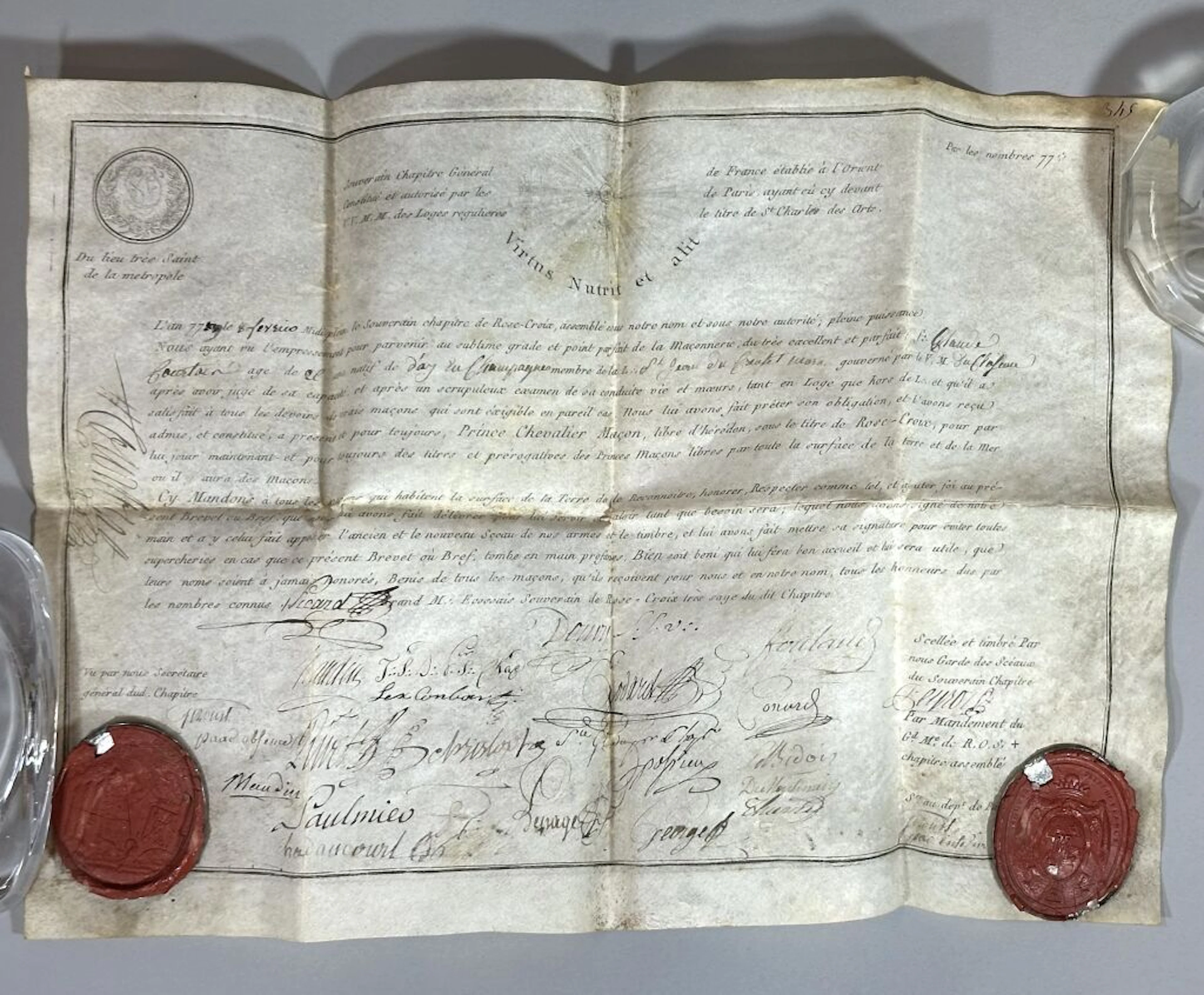Diploma on parchment awarded to Brother Claude Fourtain, Prince Knight