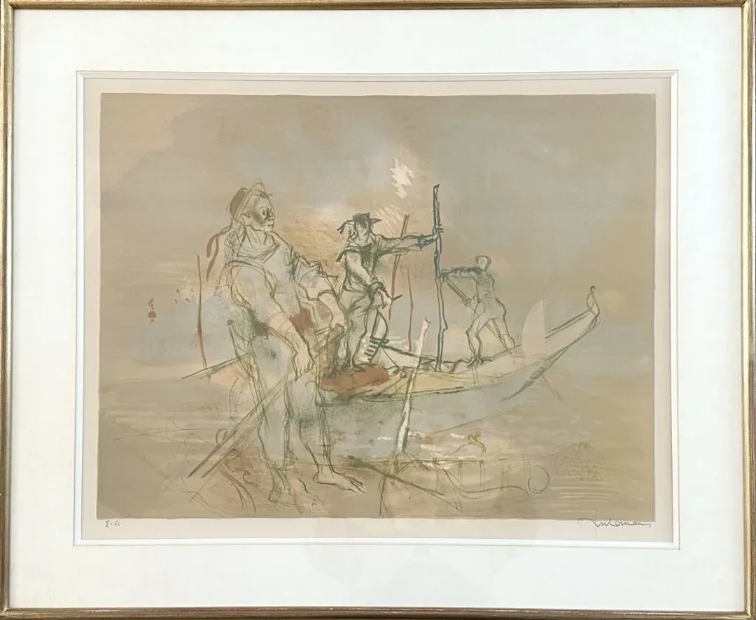 Lucien FONTANAROSA (1912–1975). Gondoliers in Venice. Color lithograph.