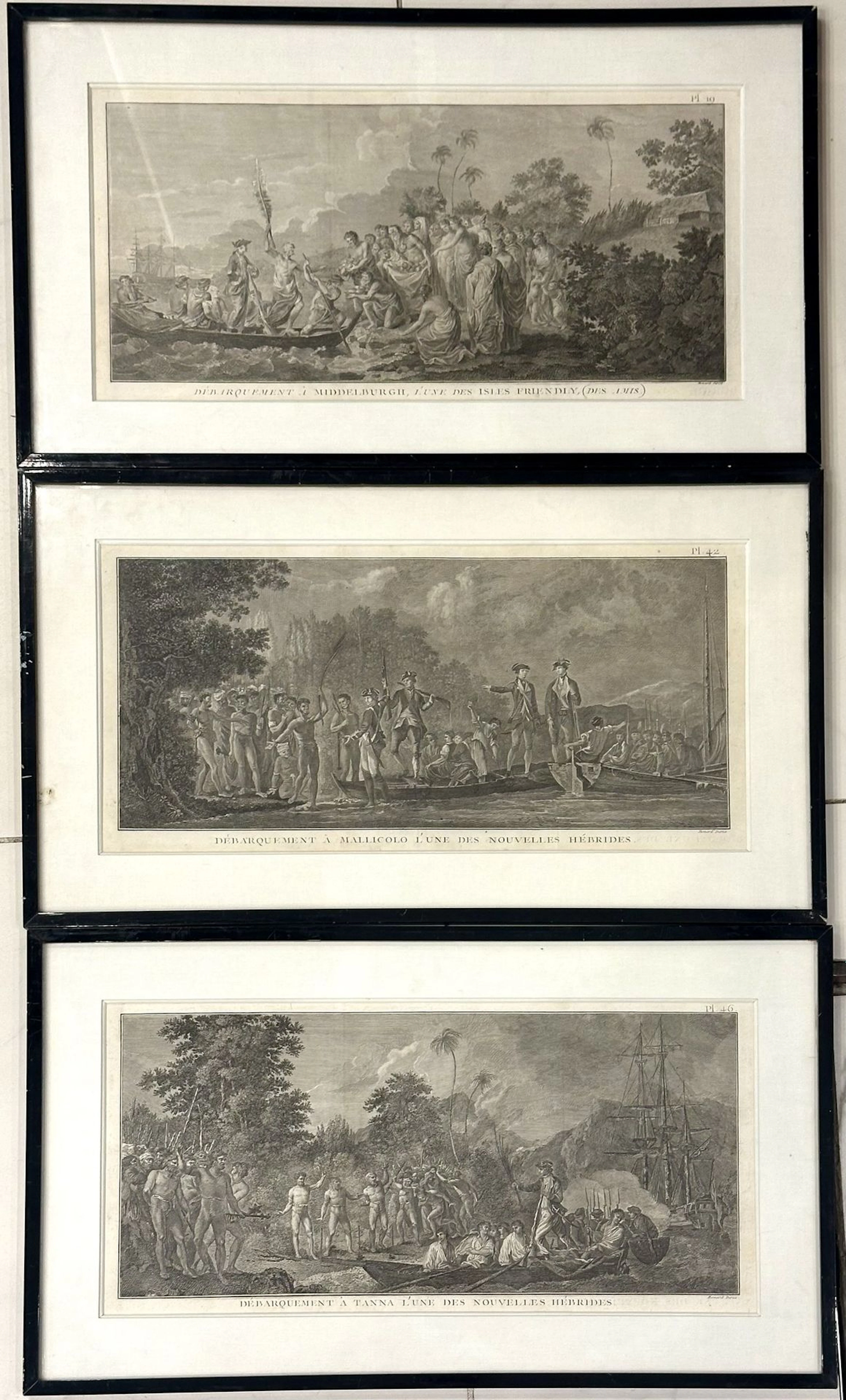New Hebrides. A set of 3 engravings by Jacques Renaud Benard (1731–1794).
