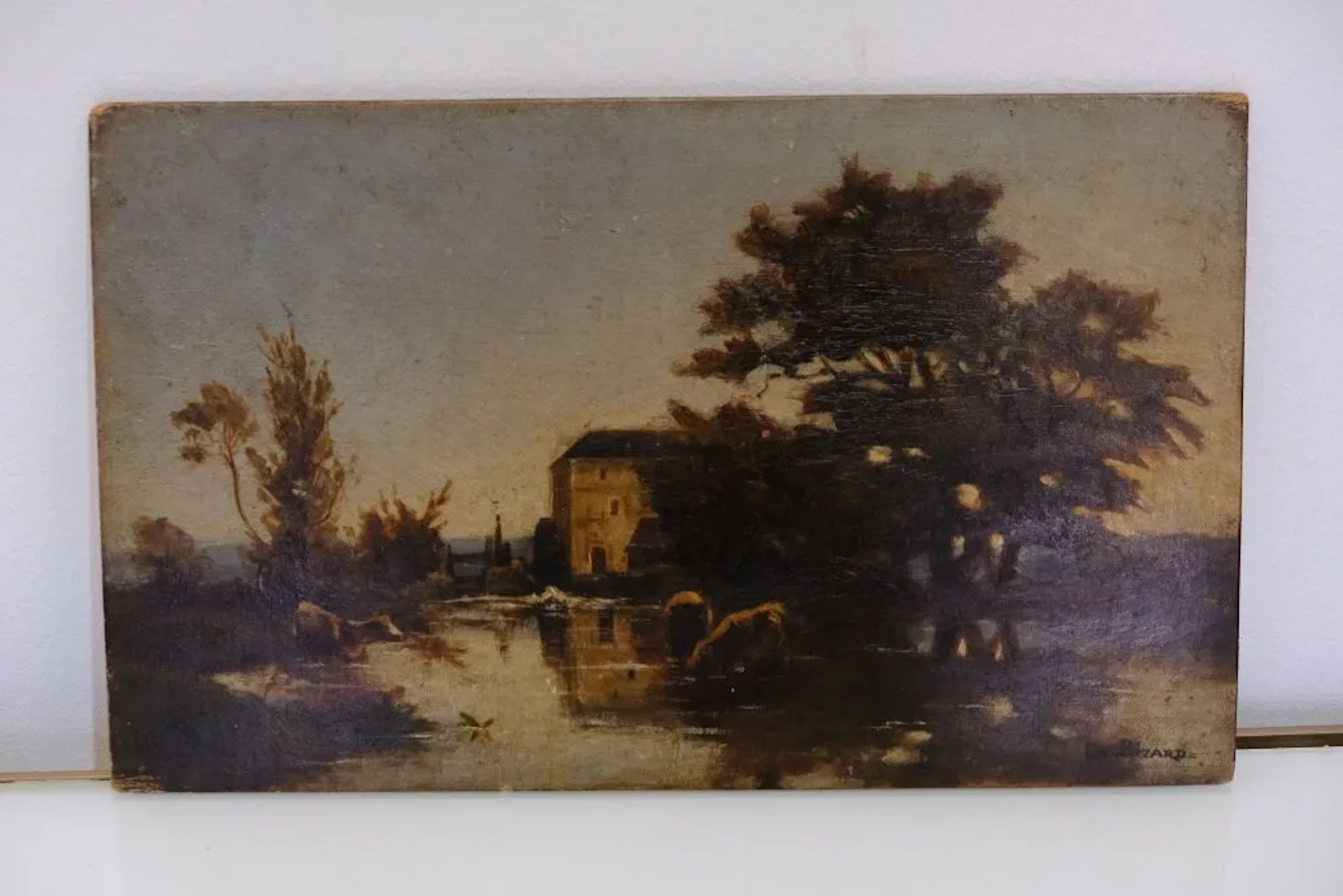 Late 19th-century French school. Landscape featuring cows at a mill.