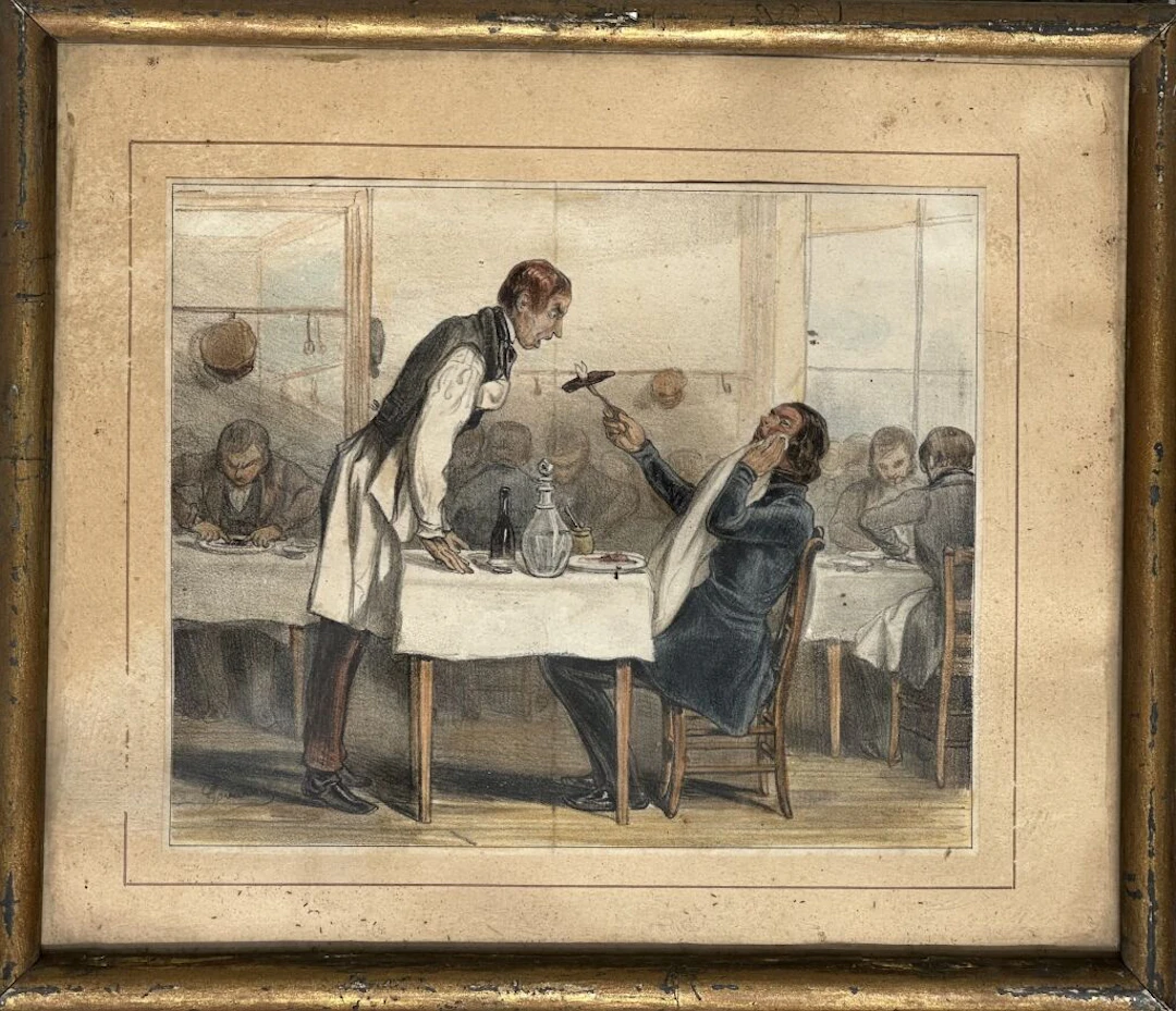After Honoré DAUMIER. Robert Macaire at the Restaurant. Color lithograph.