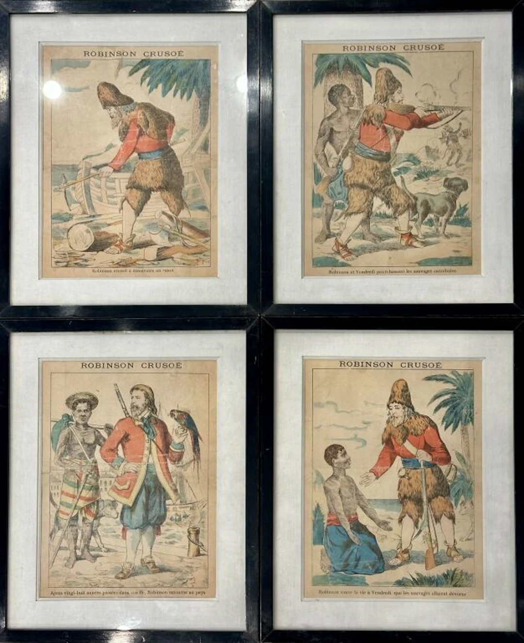 ROBINSON CRUSOE. Set of 4 color prints depicting the adventures of