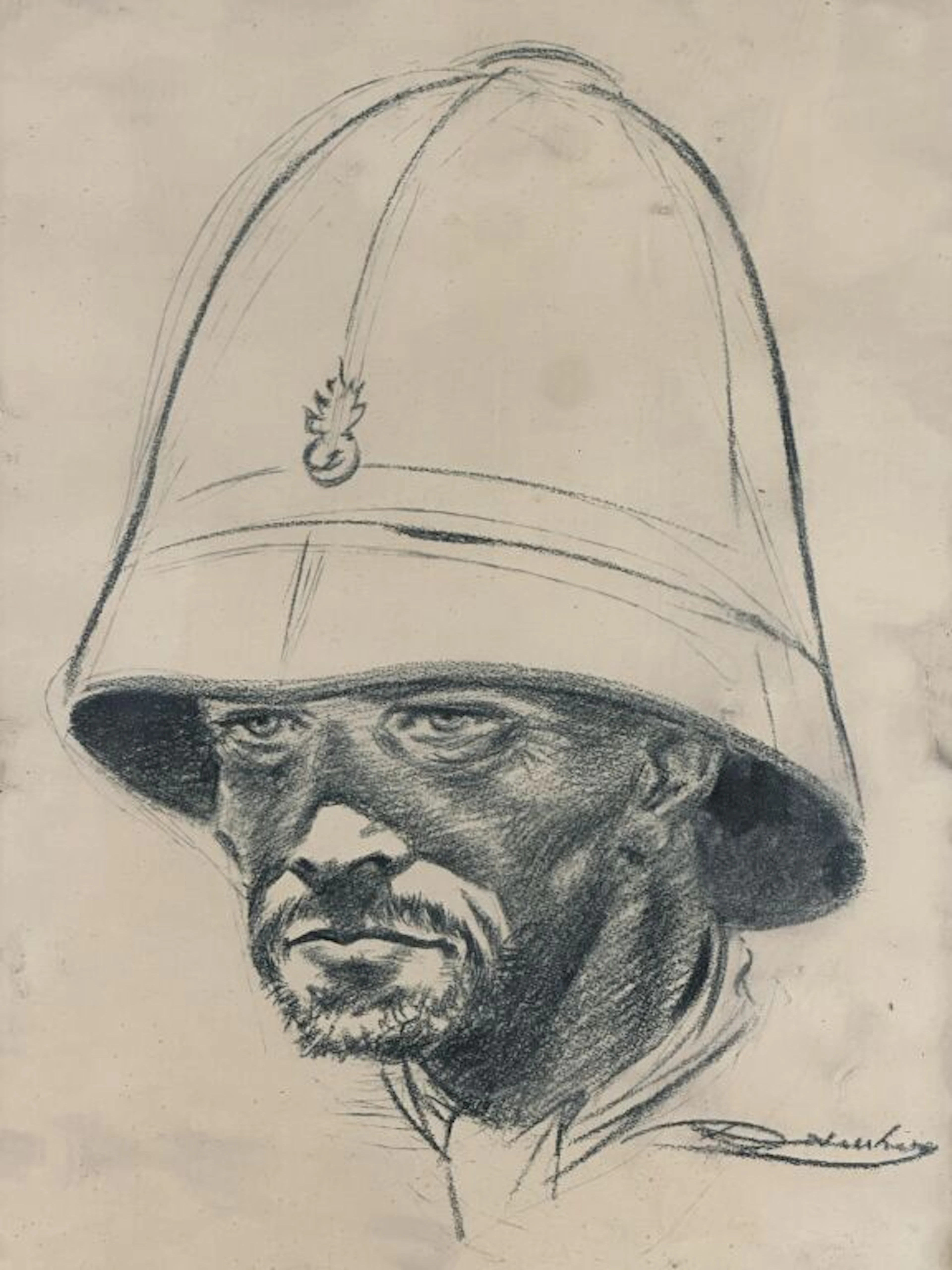 Portrait of a soldier wearing a colonial helmet or a Foreign Legion