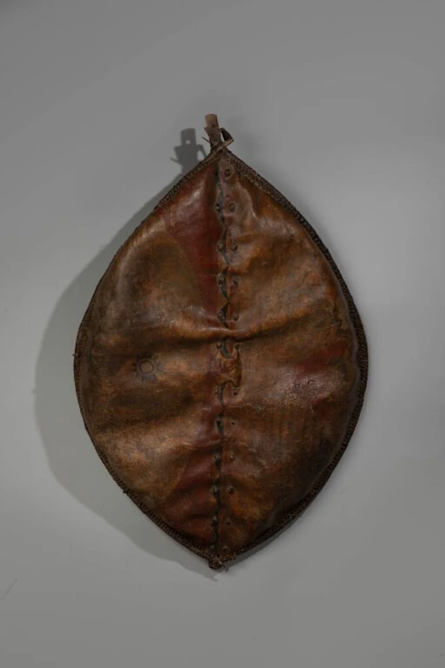 An almond-shaped shield made of leather stretched over a curved wooden