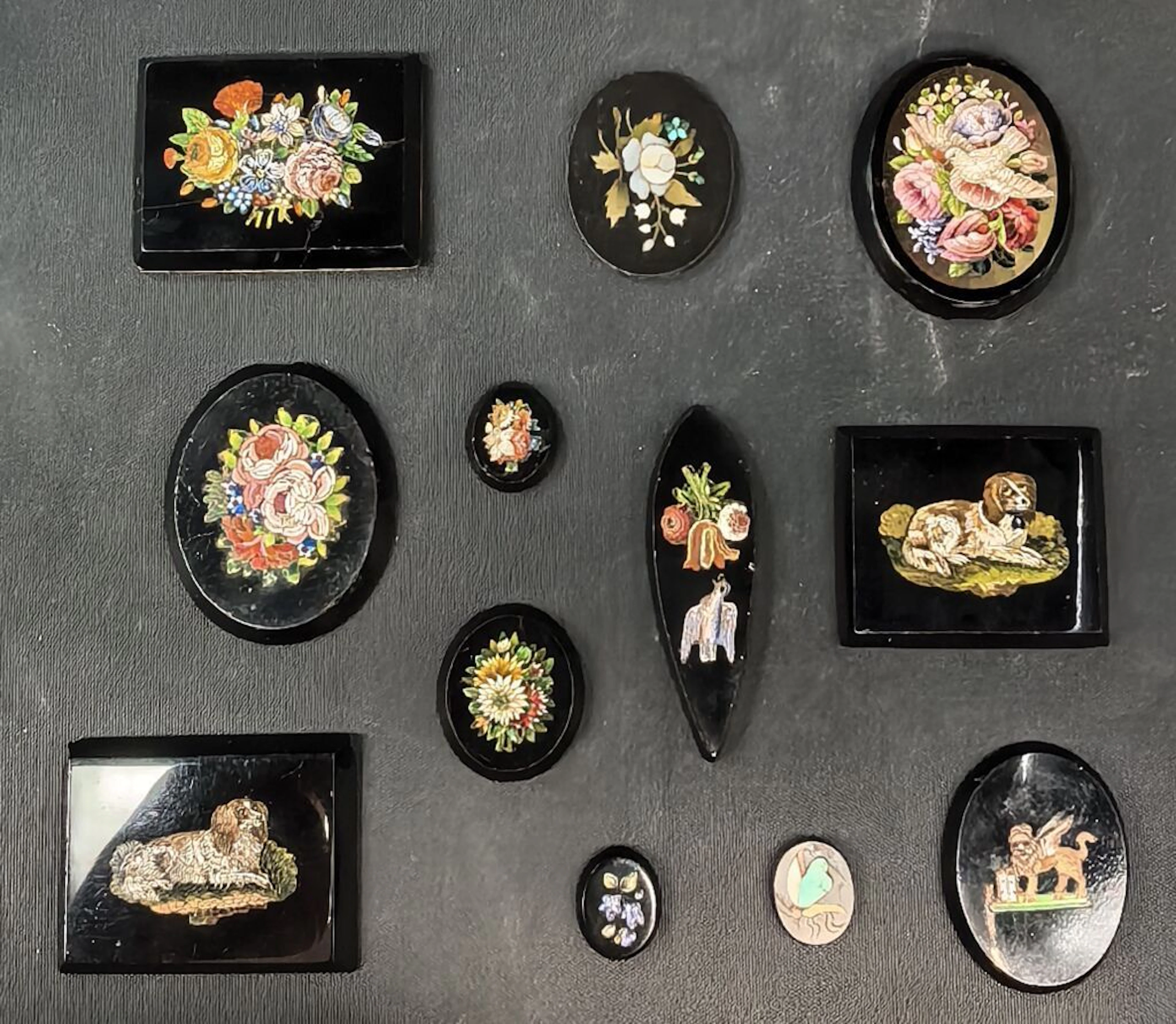 Set of 12 19th-century Italian micromosaics, including: - Two hunting
