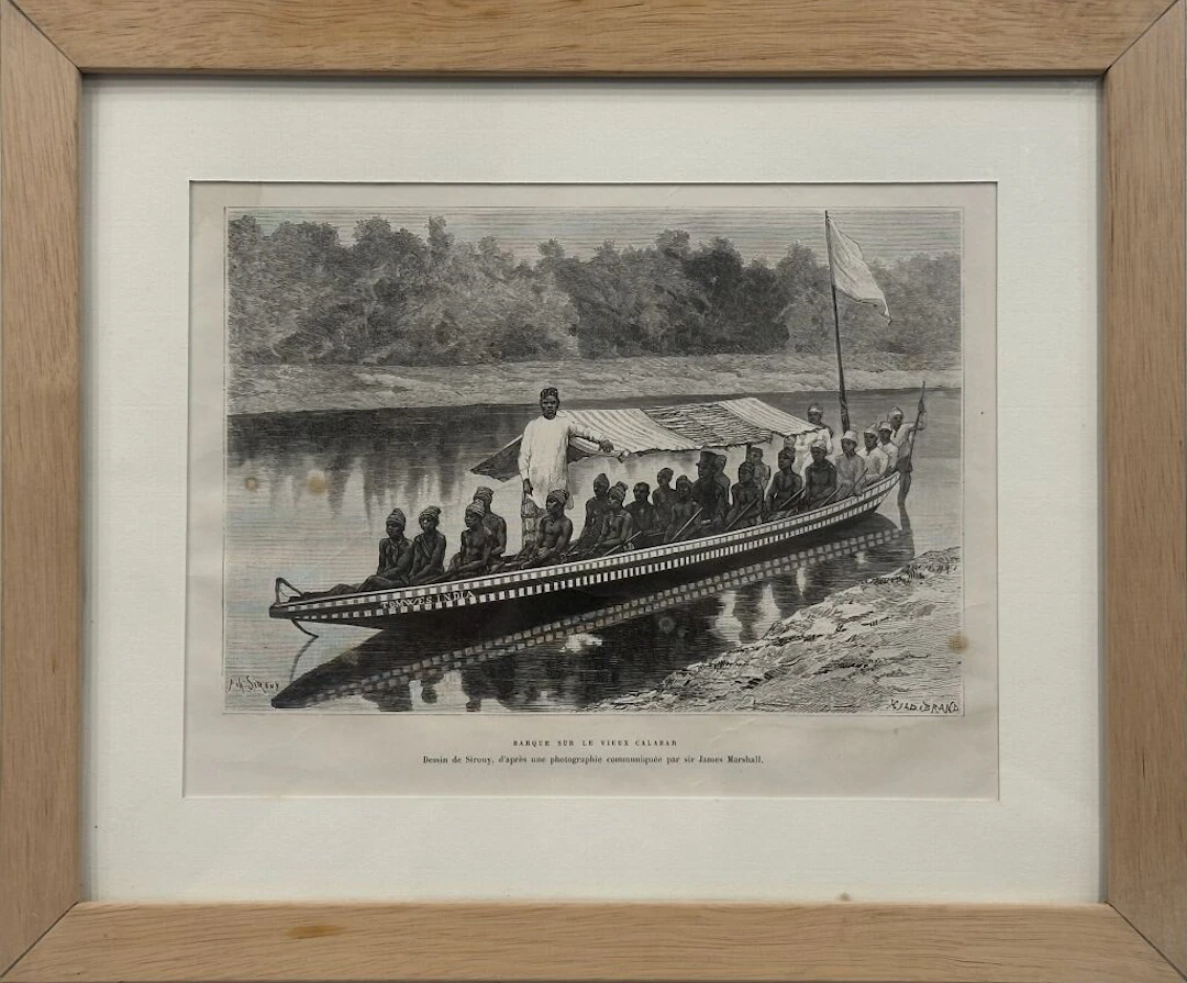 SOUTHERN NIGERIA. A boat on the Old Calabar River. Drawing by Achille