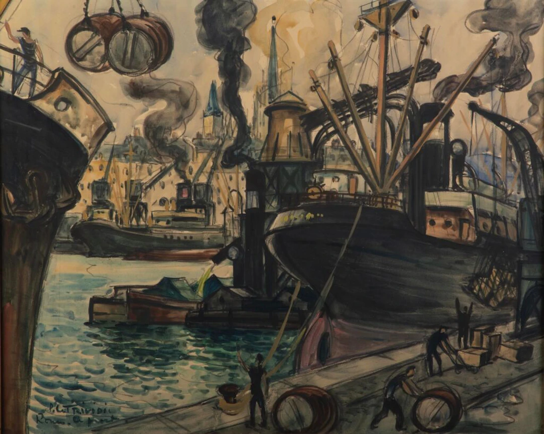 Pierre Le TRIVIDIC (1898–1960). Rouen, The Harbor. Watercolor over