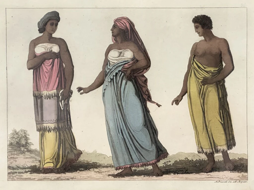 CONGO - Costumes. Three African Women. Color aquatint and etching