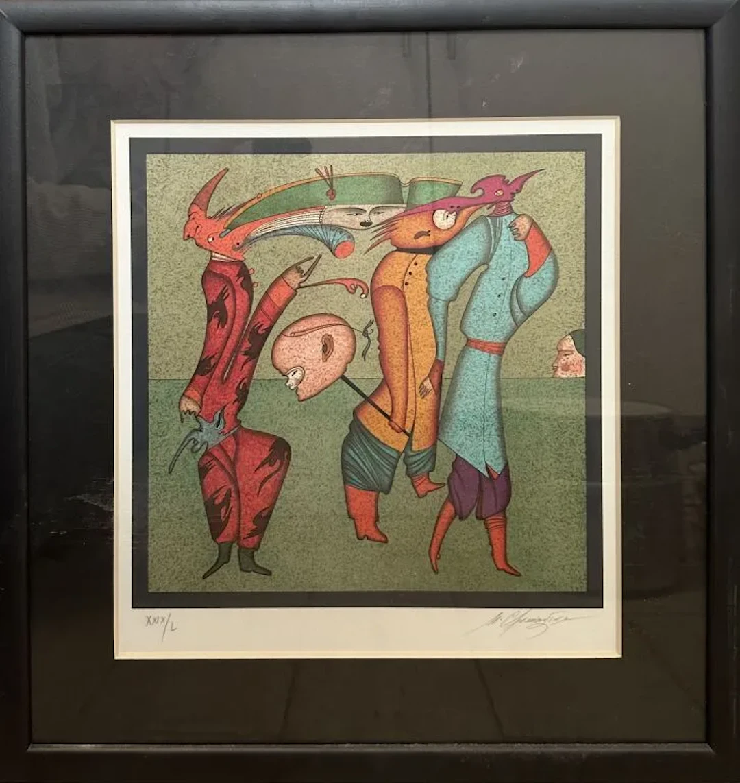 Mikhail CHEMIAKIN (1943). Figures Wearing Masks. Color lithograph.