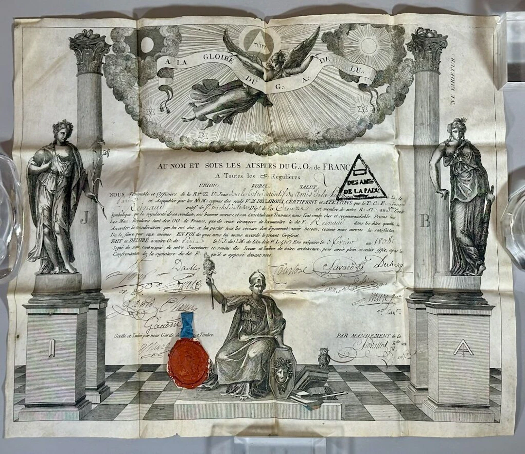 Parchment diploma from the Grand Orient de France awarded to Brother