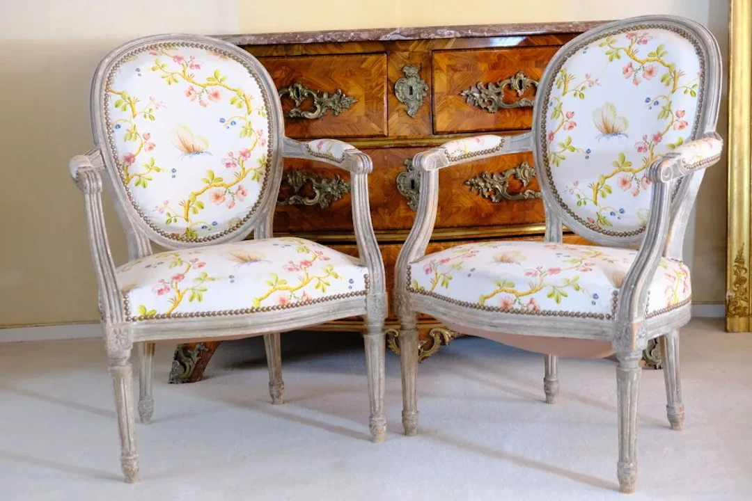 Pair of cabriolet armchairs with medallion-shaped backs made of molded