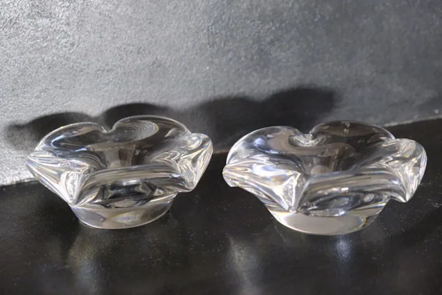 DAUM France. Pair of flower-shaped crystal candlesticks or table centerpieces.