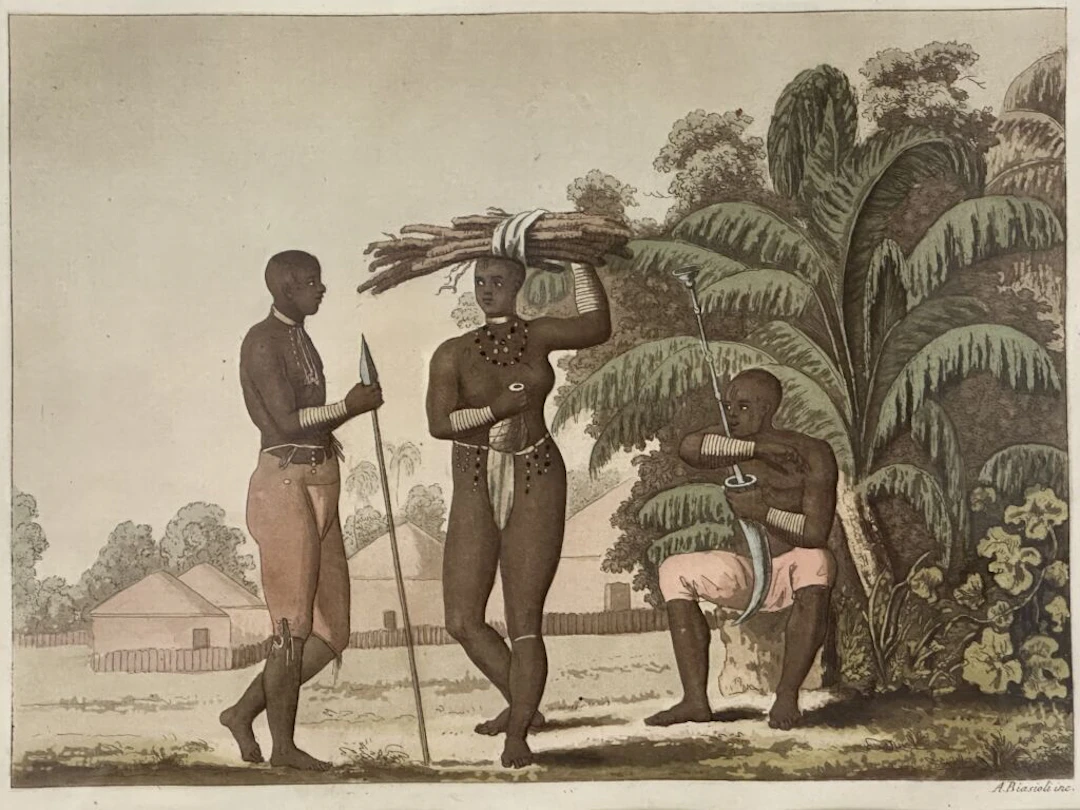 Woman and Warriors. Color engraving by A. Biascioli Inc. Dimensions: