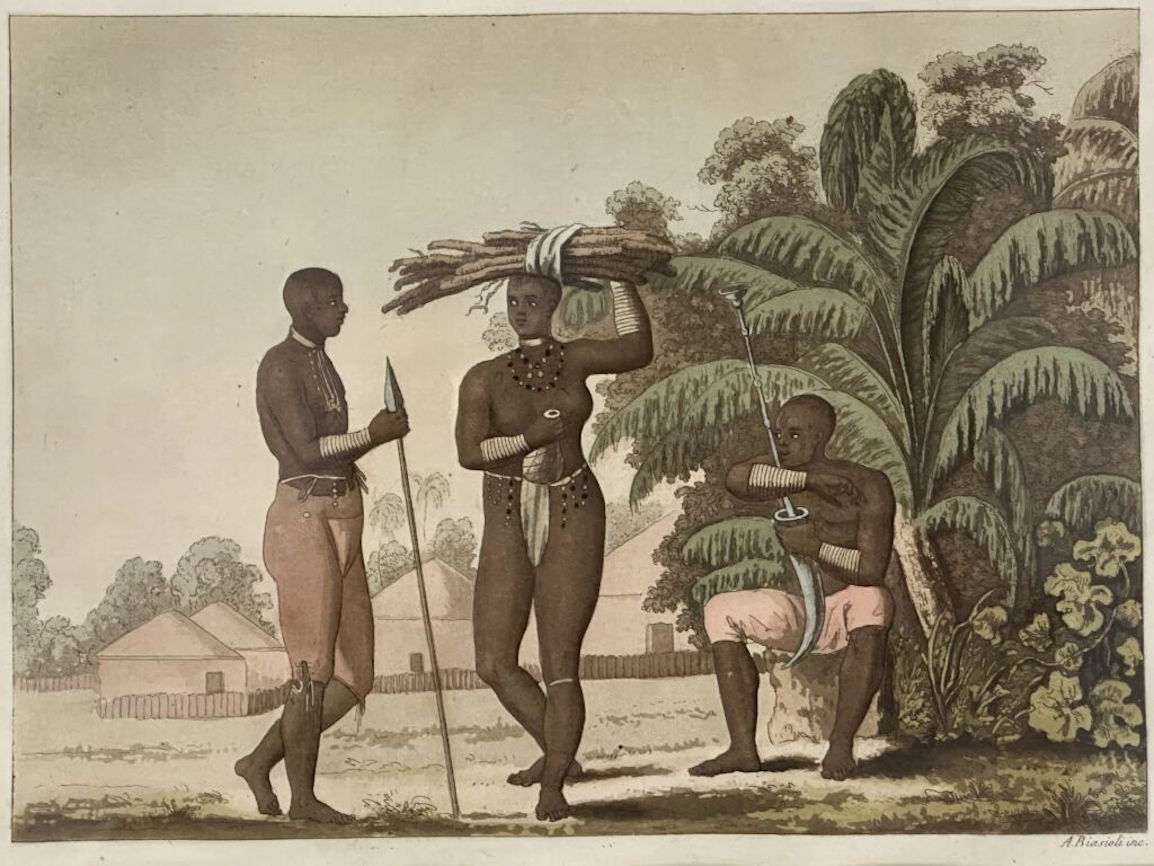 Woman and Warriors. Color engraving by A. Biascioli Inc. Dimensions: