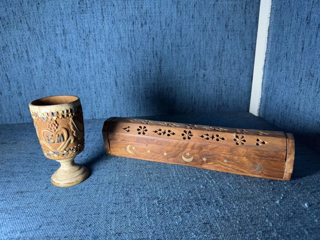 Folk art. A charming carved and engraved wooden chalice or footed