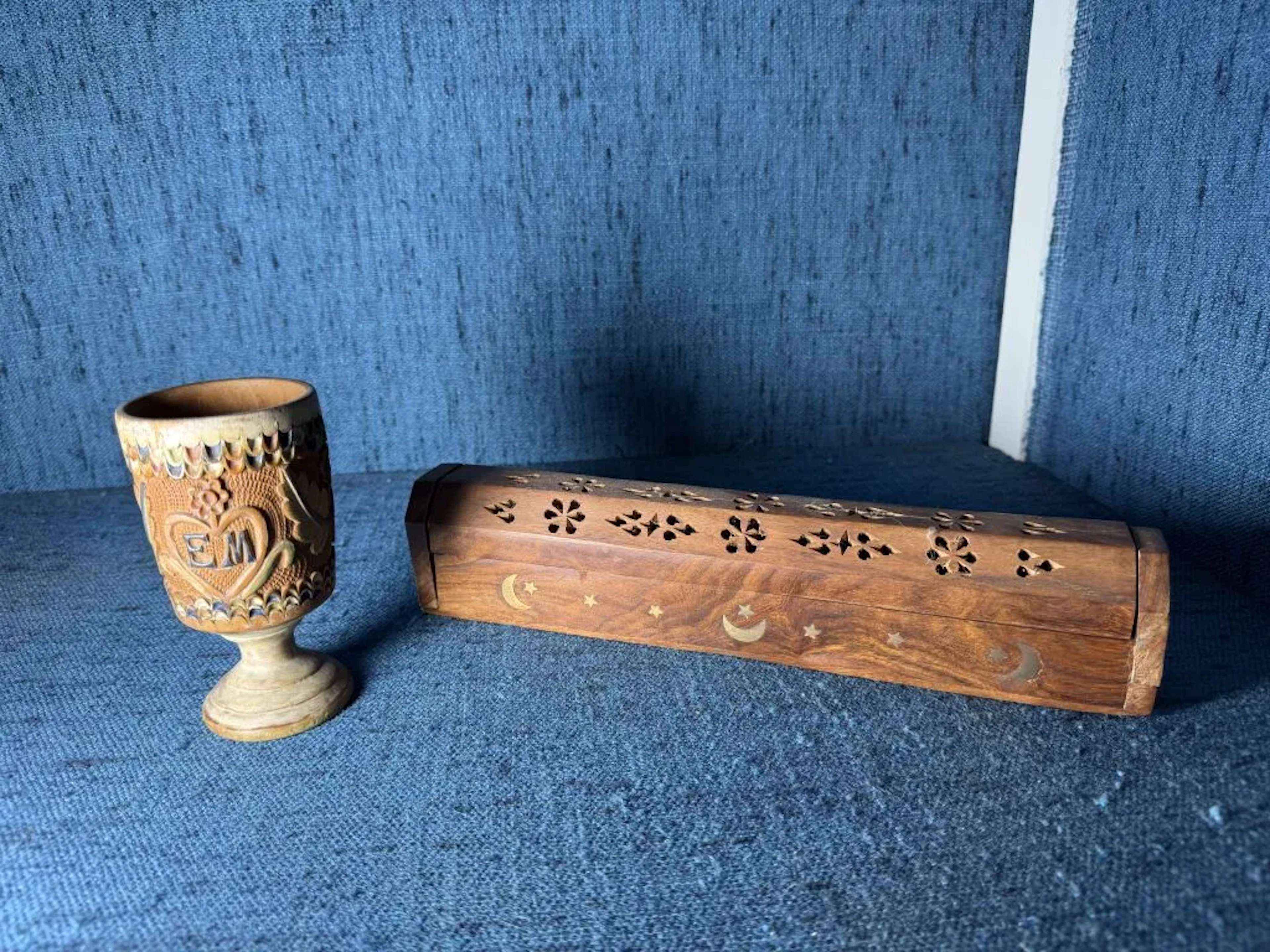 Folk art. A charming carved and engraved wooden chalice or footed