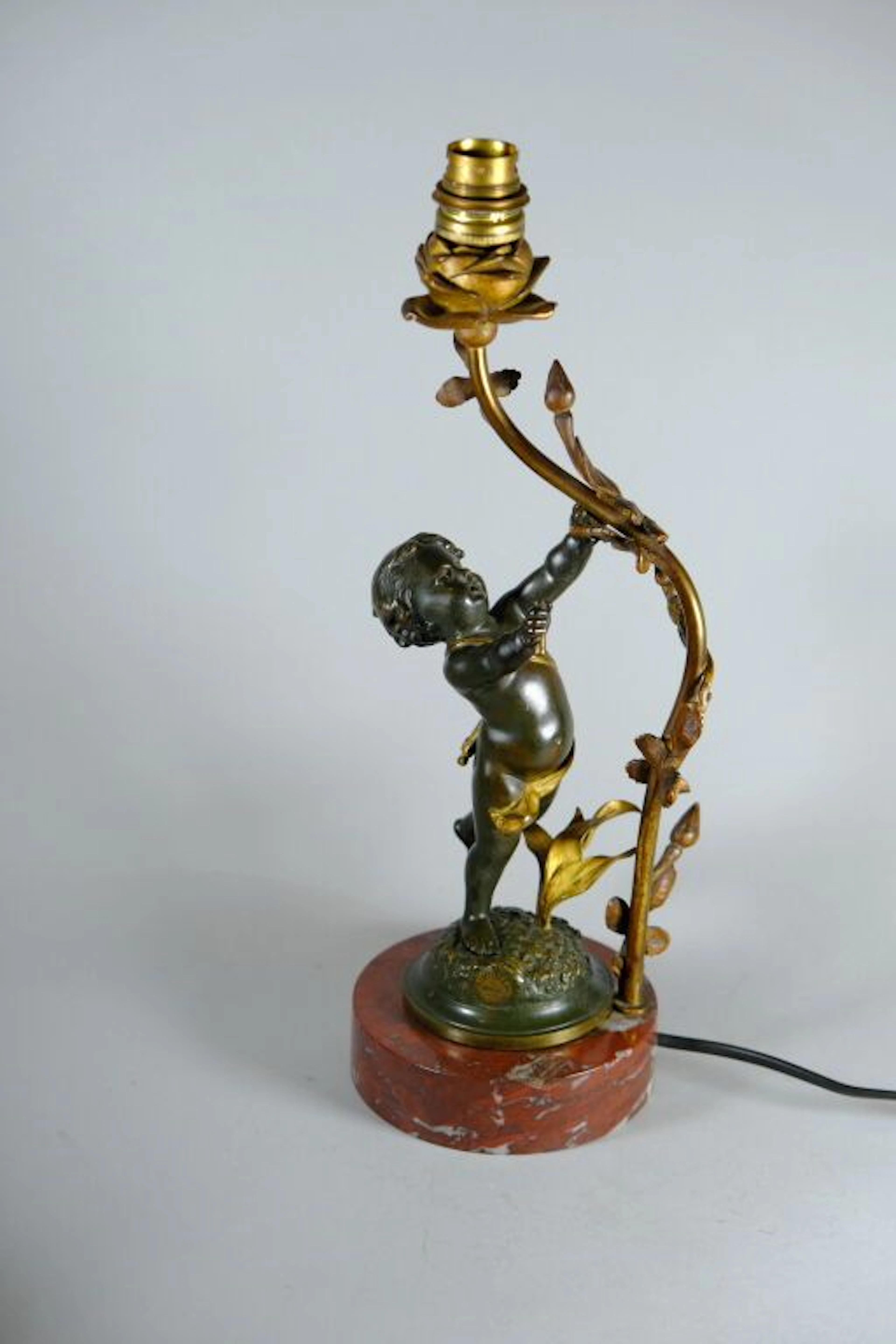 Small living room lamp in patinated and gilded bronze, decorated with