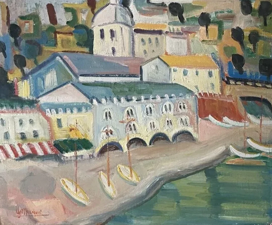 20th-Century School. Seaside Town. Oil on canvas-backed board. Signed