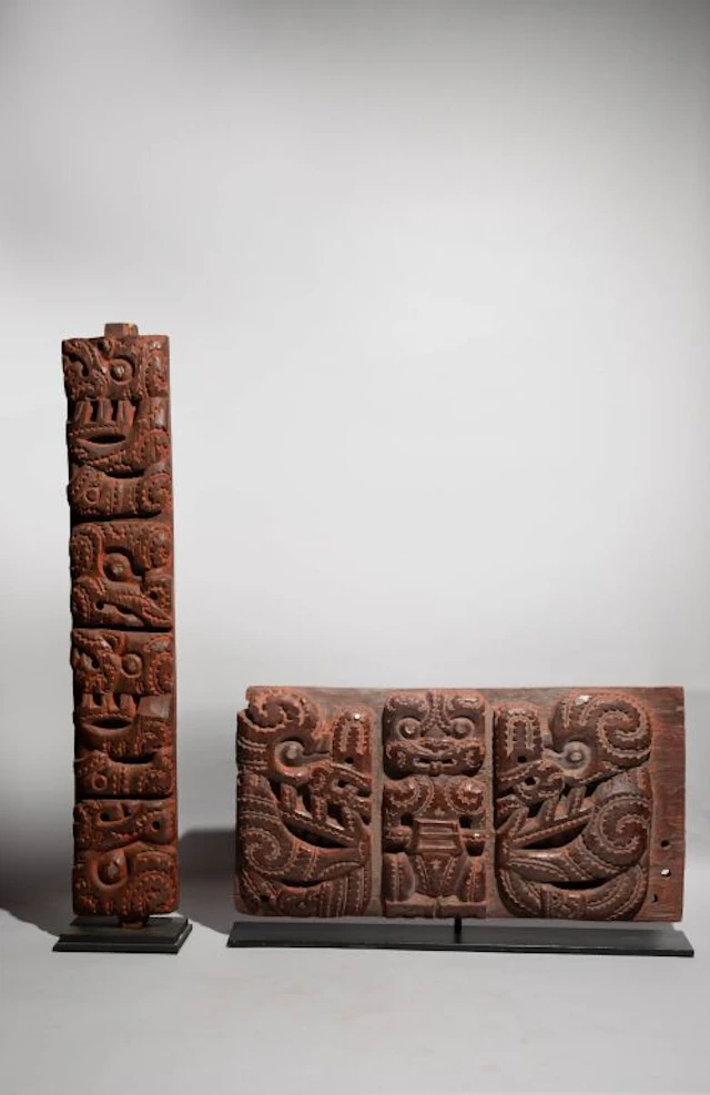 Two architectural panels decorated with Tiki figures featuring mother-of-pearl