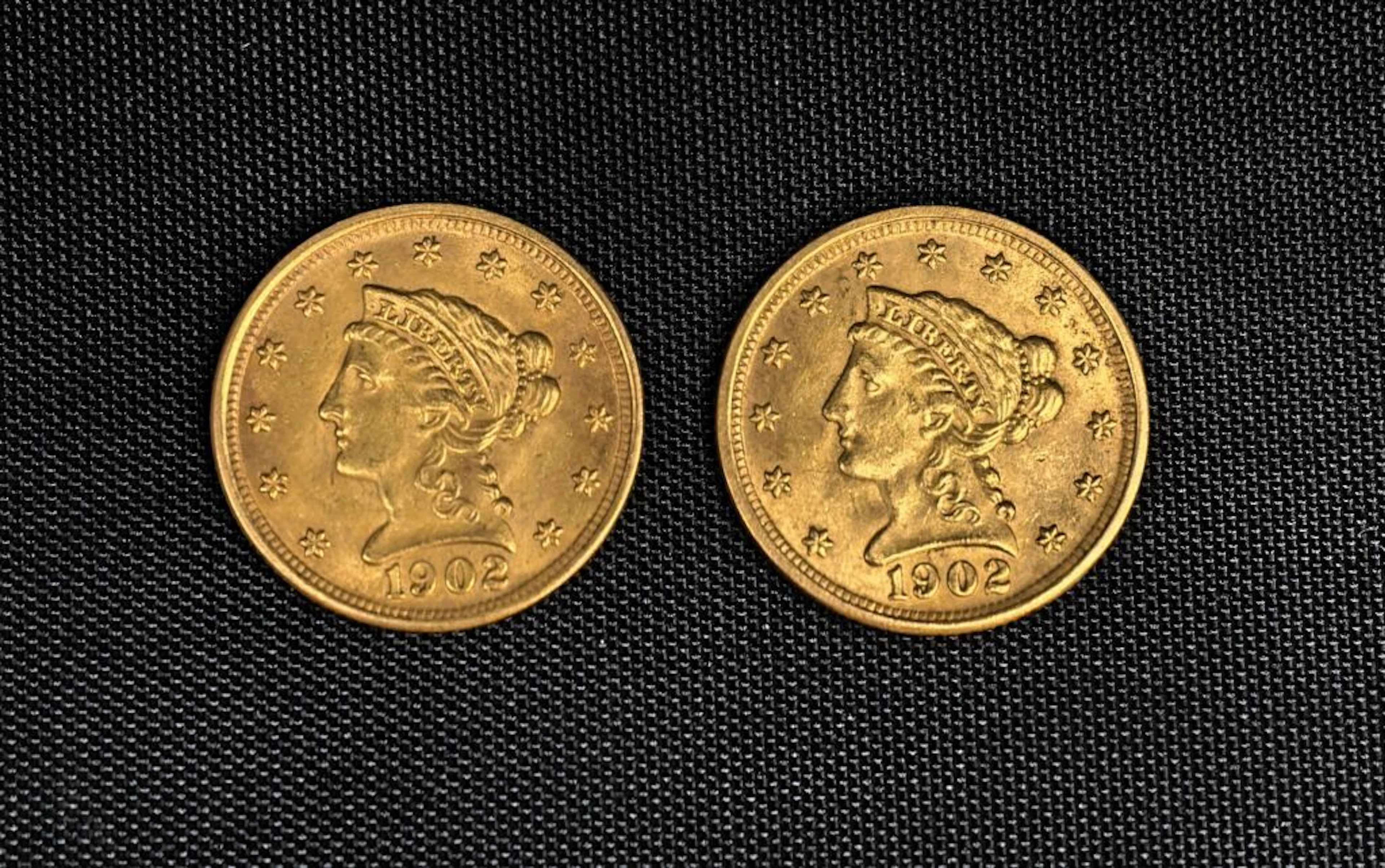 [UNITED STATES]. Two 2½-dollar LIBERTY HEAD coins, 1902, made of 917‰