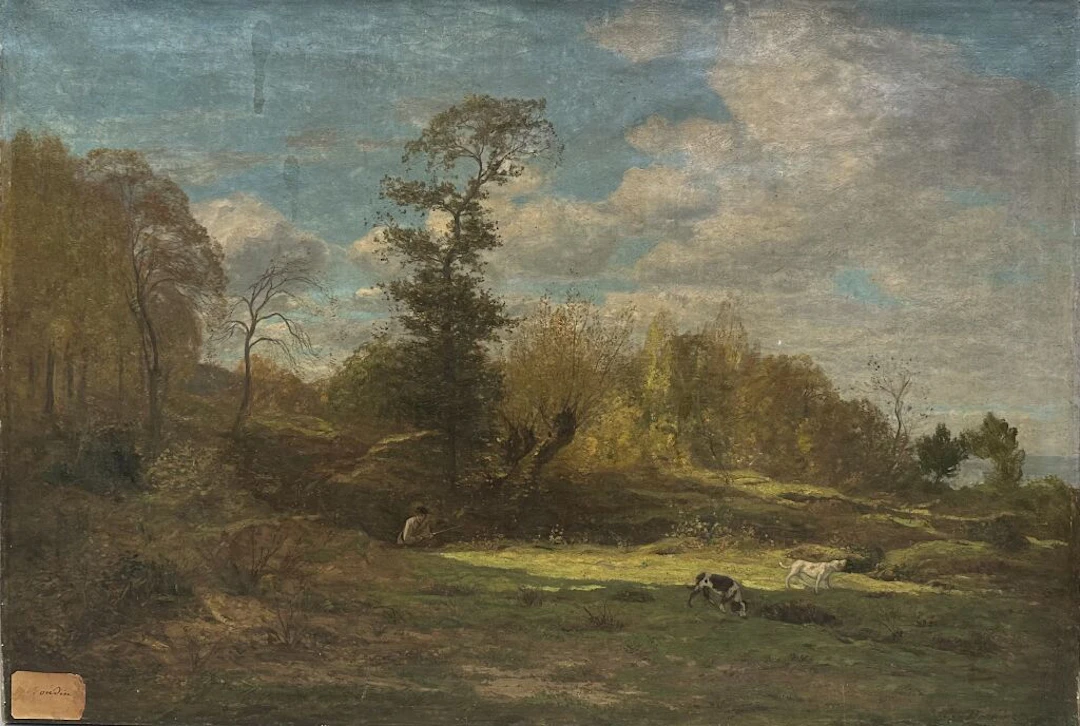 19th-century French school. The Hunter and His Dogs. Oil on canvas.