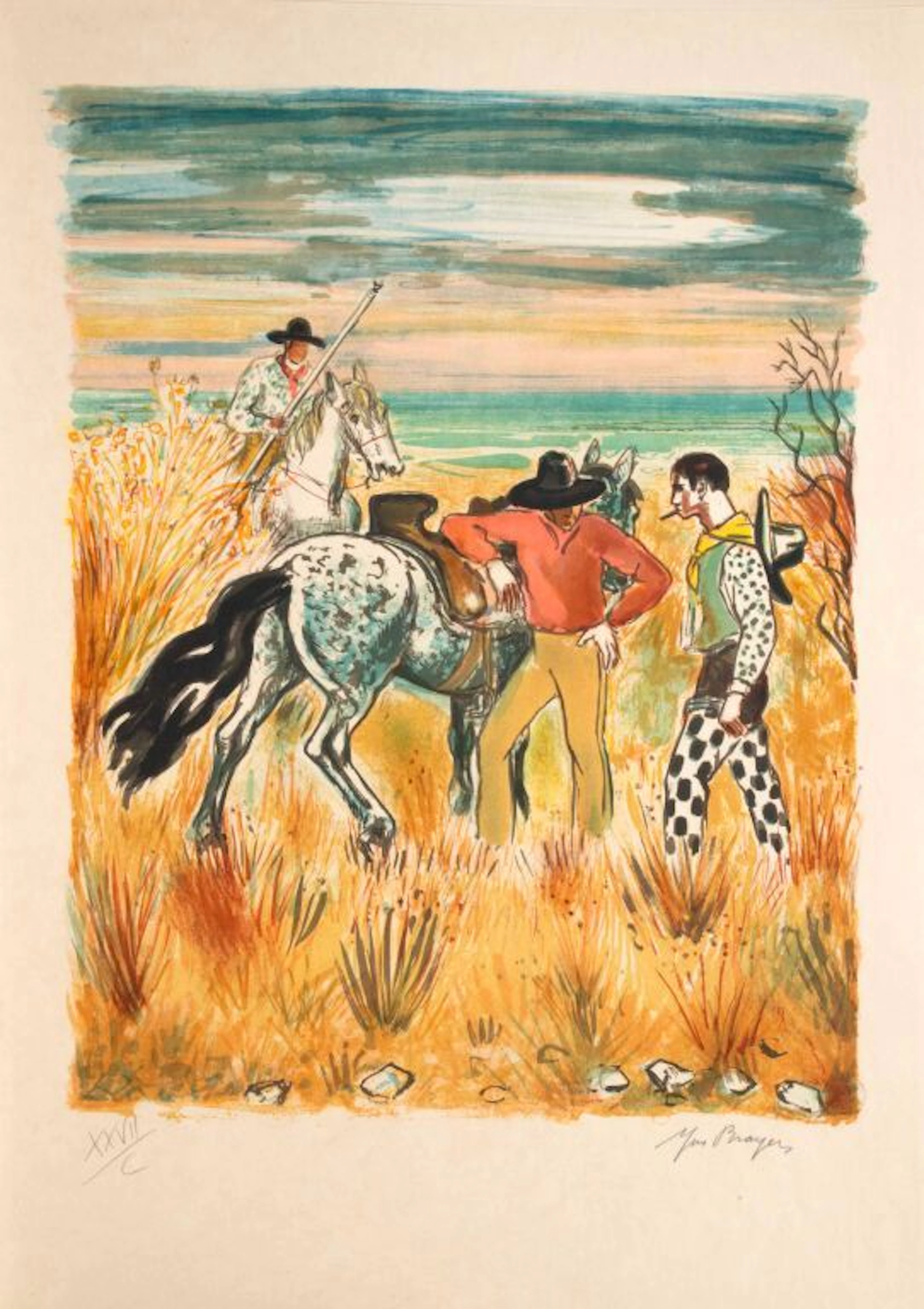 Yves BRAYER (1907–1990). The Gardians. Lithograph on Japanese pearlescent