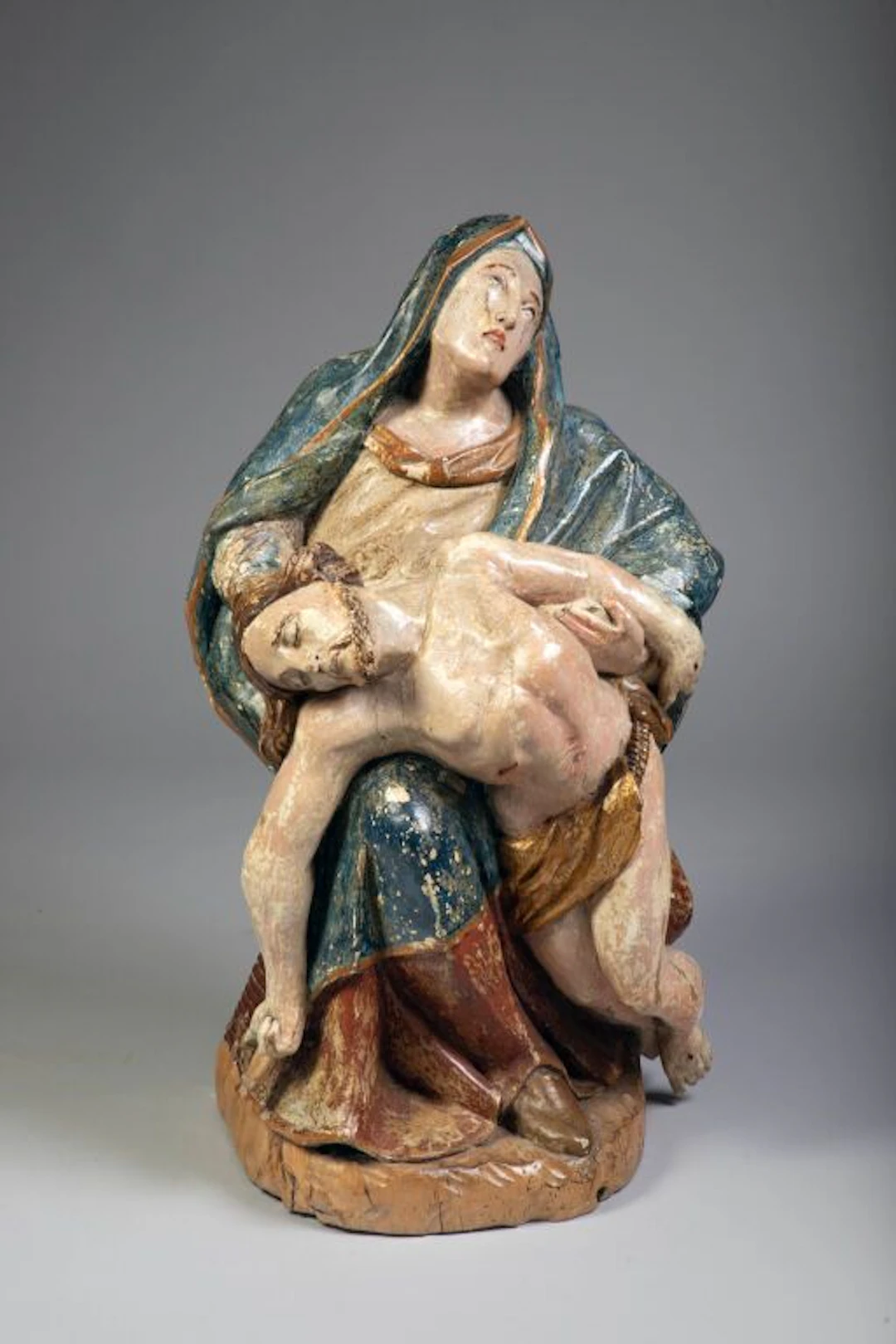Carved, polychrome, and gilded wooden Virgin of Mercy, with a hollowed-out