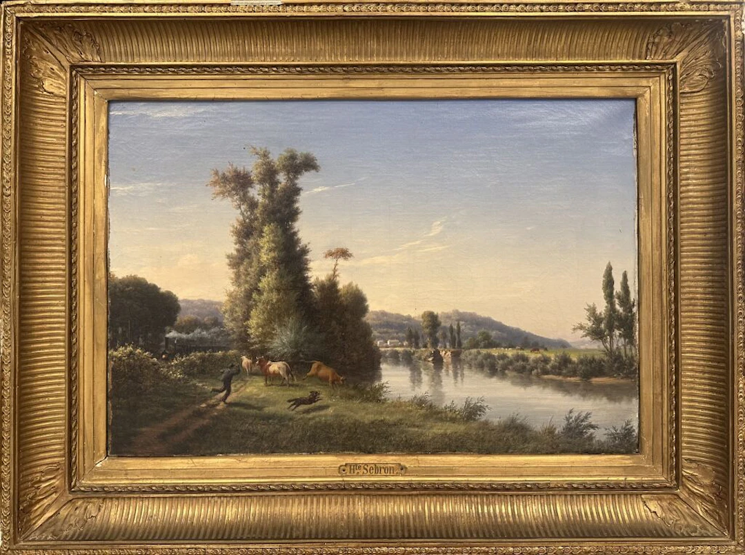 Hippolyte SEBRON (1801–1879) Landscape with a Train and Cows. Oil