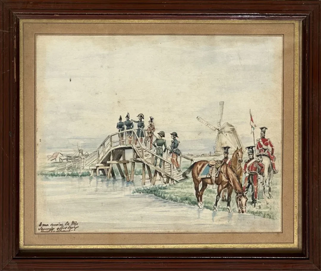 Louis Brinquant (1858–1945). Landscape with a Dutch windmill, hussars