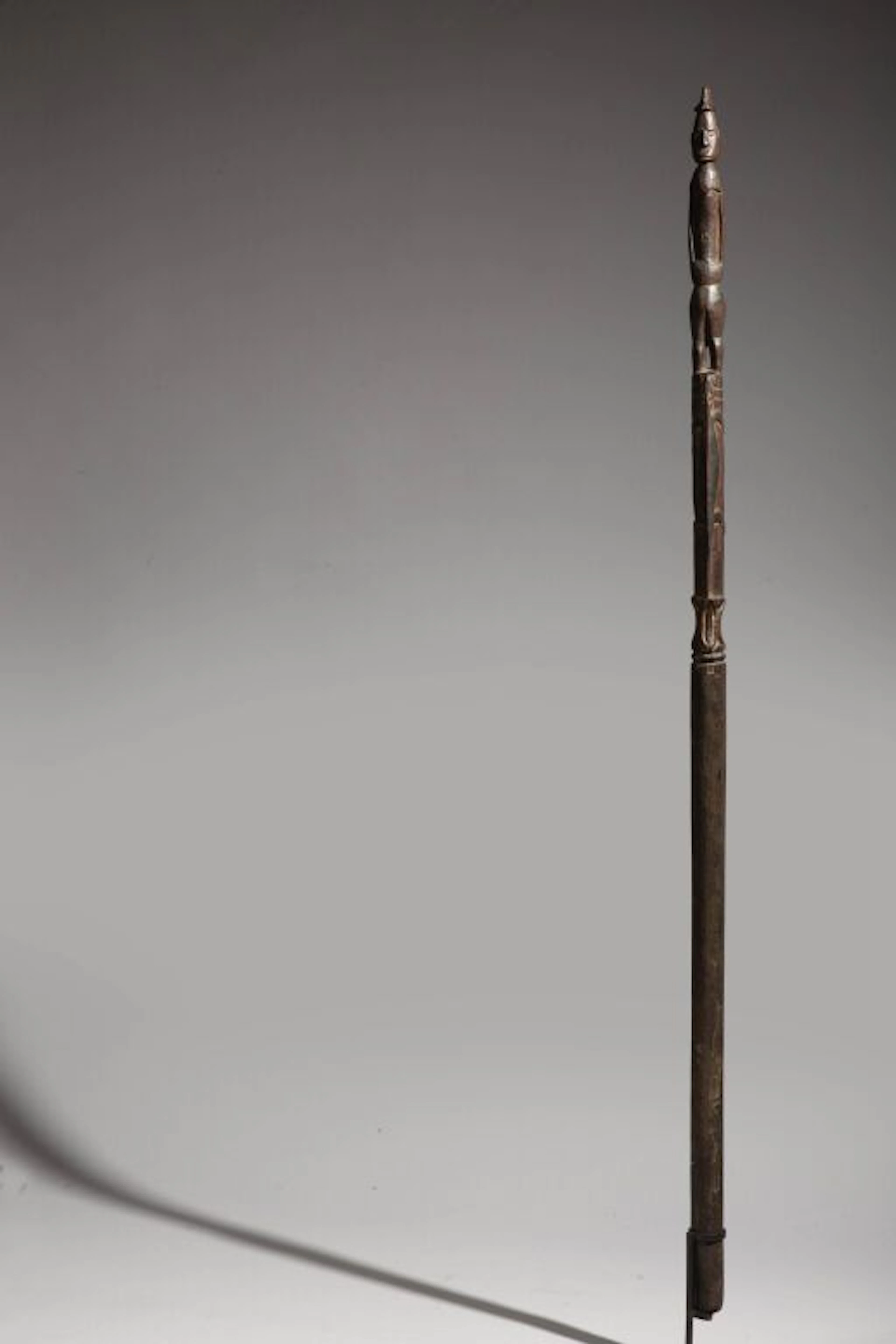 A rare walking stick carved with a standing figure and two lizards