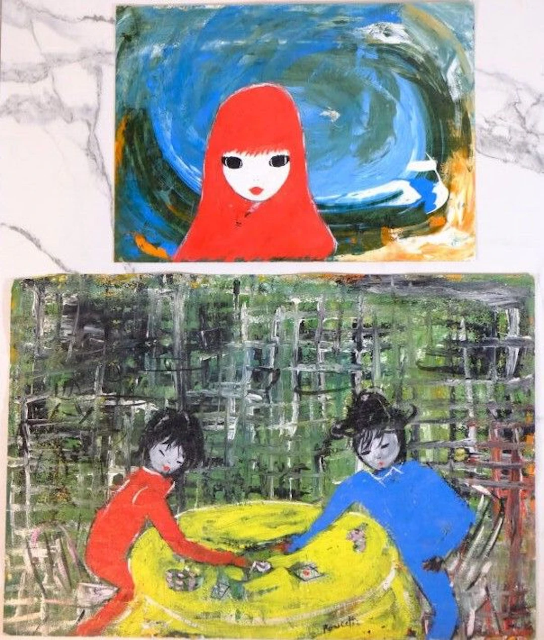 POUCETTE (1935–2006) A pair of works: Young Girl and Card Game. Mixed