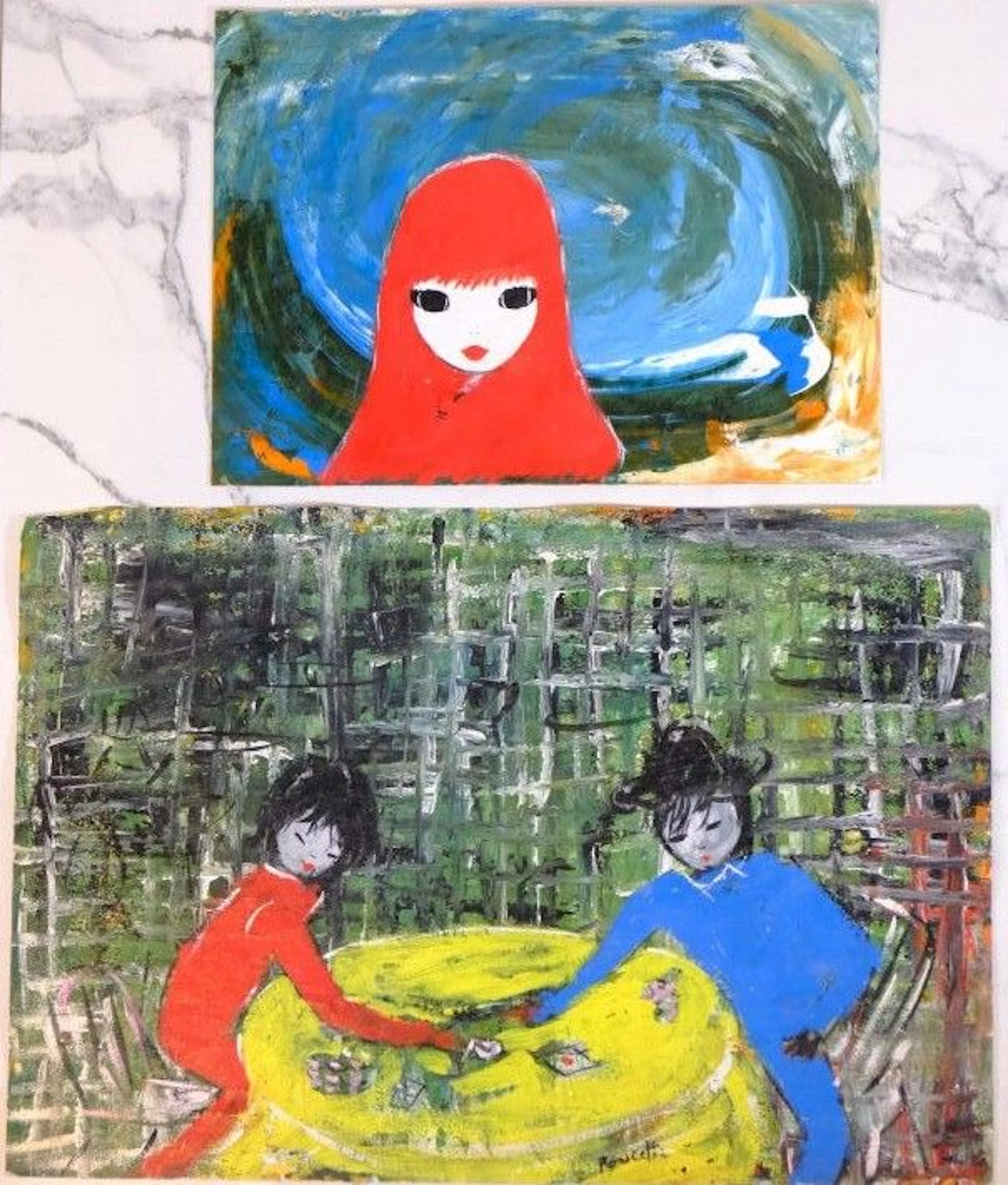 POUCETTE (1935–2006) A pair of works: Young Girl and Card Game. Mixed