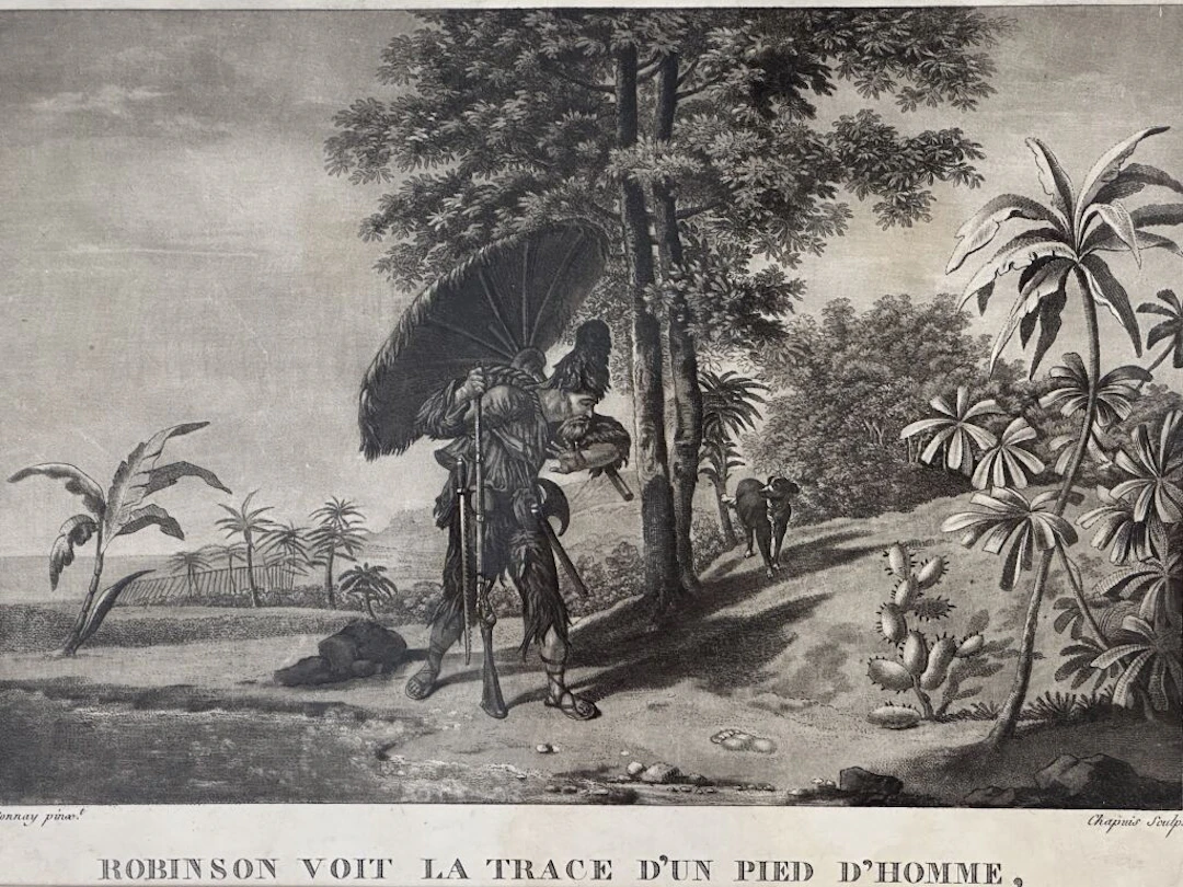 "Robinson sees the imprint of a man's foot." Lithograph by Chapuis