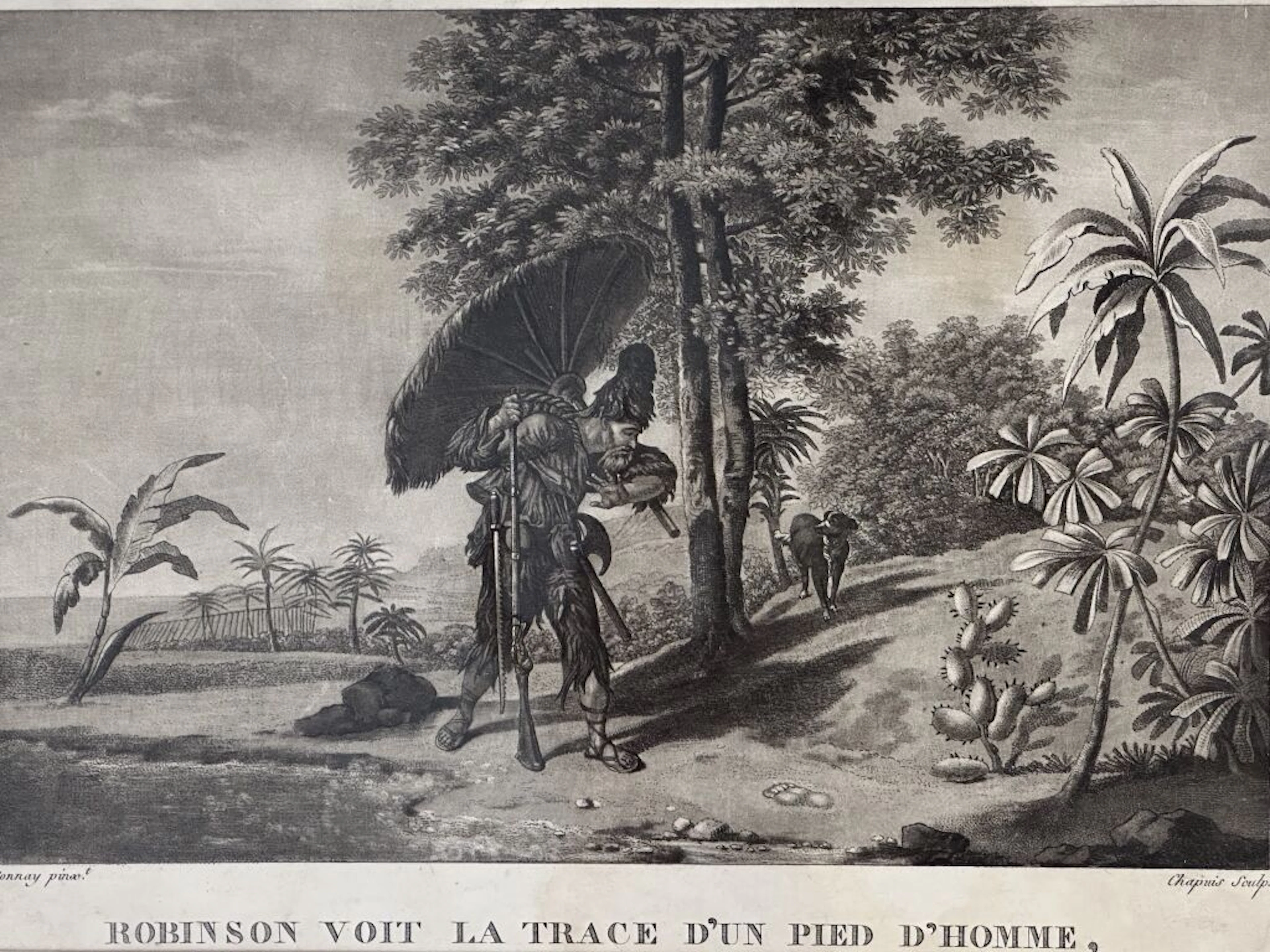 "Robinson sees the imprint of a man's foot." Lithograph by Chapuis
