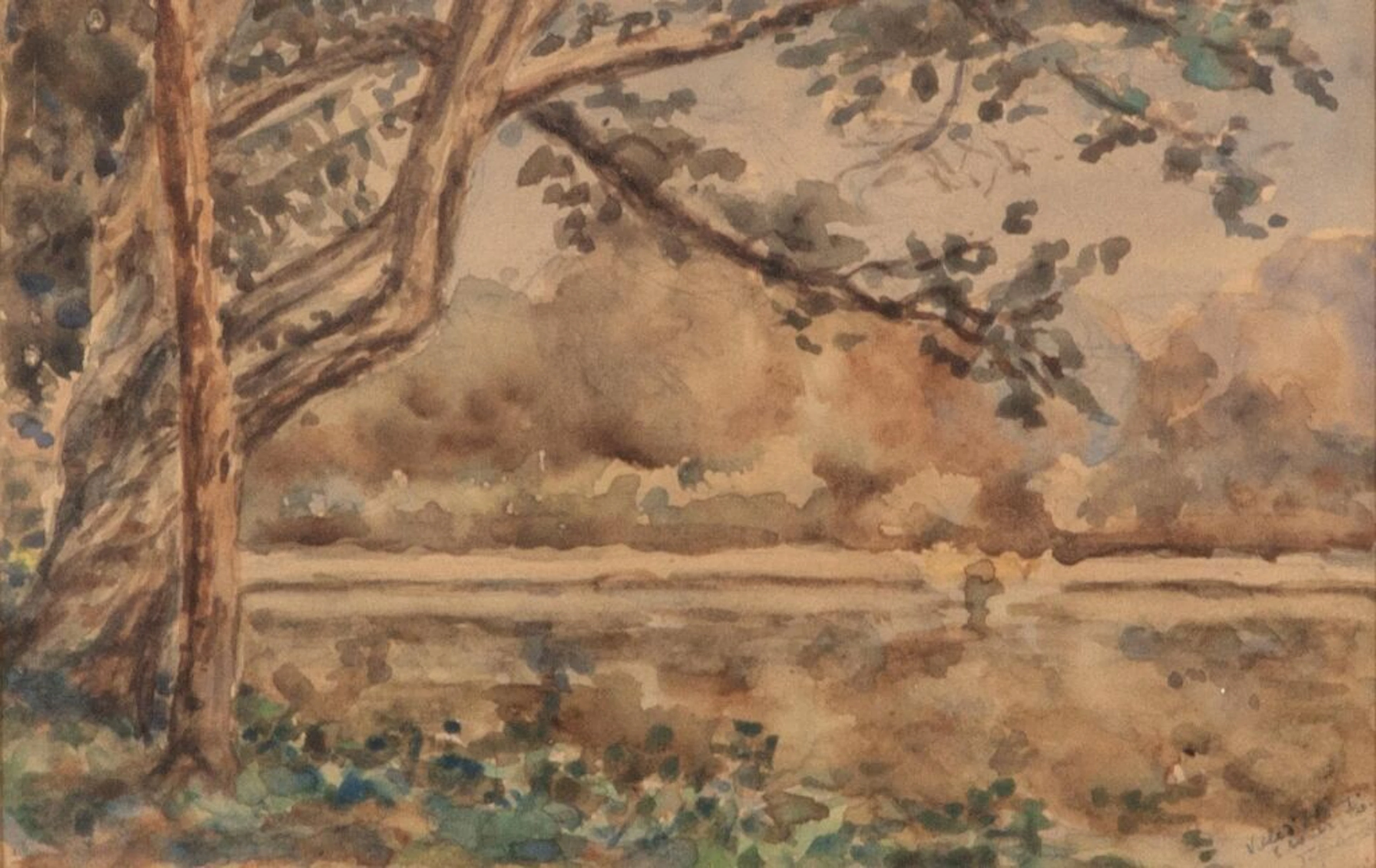 20th-century school. Ville d'Avray. Watercolor. Signed, dated, and