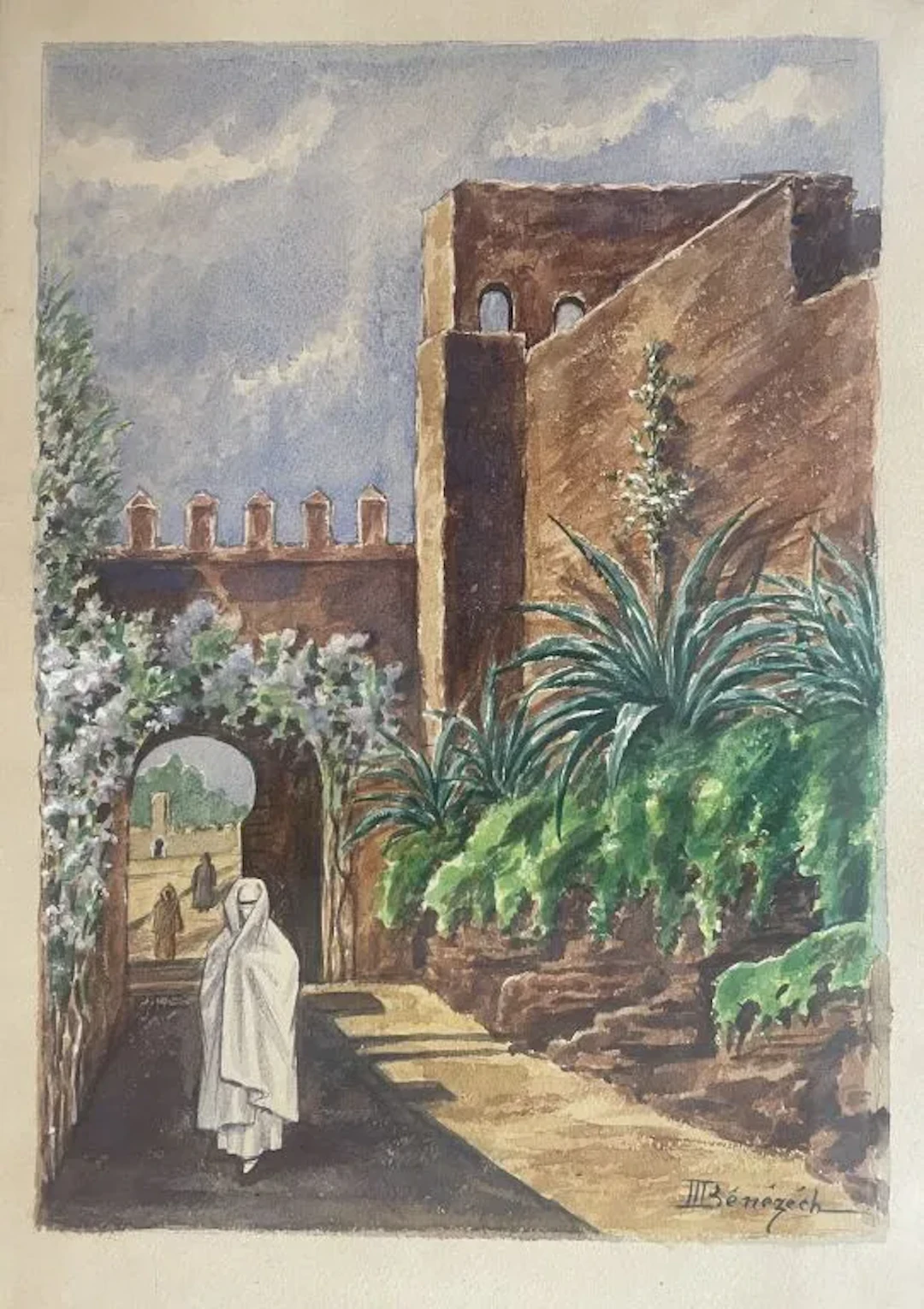 René BENEZECH (born in 1945). Veiled Woman in Front of a Citadel Gate.