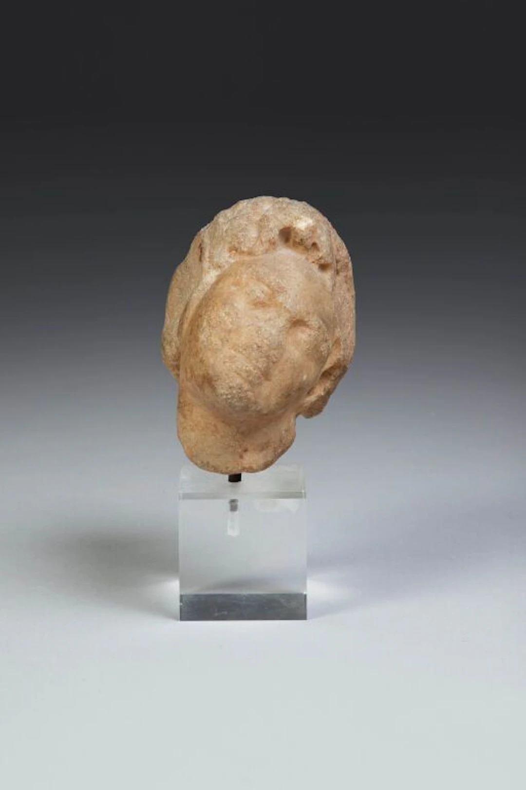 Male head. Head carved in high relief, with the neck slightly tilted.