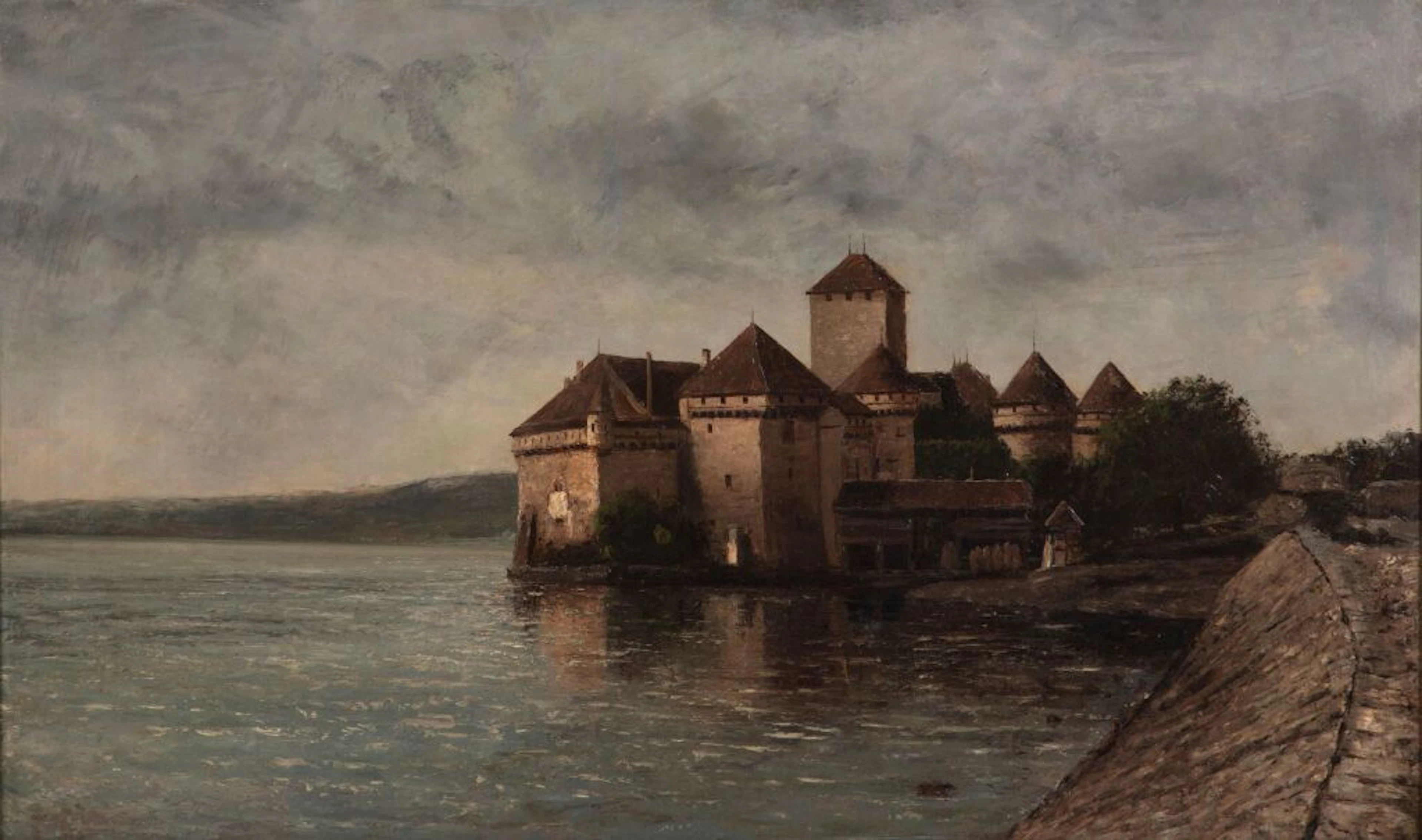 19th-century French school. Castle by a lake (Chillon?). Oil on canvas.