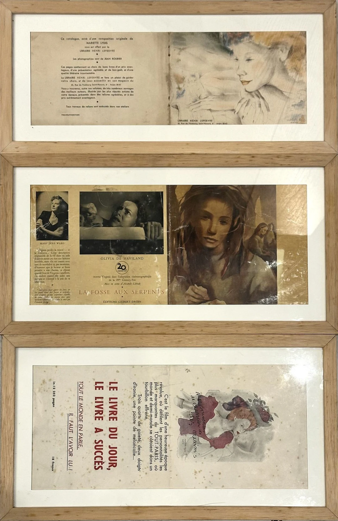 Set of three framed color advertising leaflets comprising: - Henri